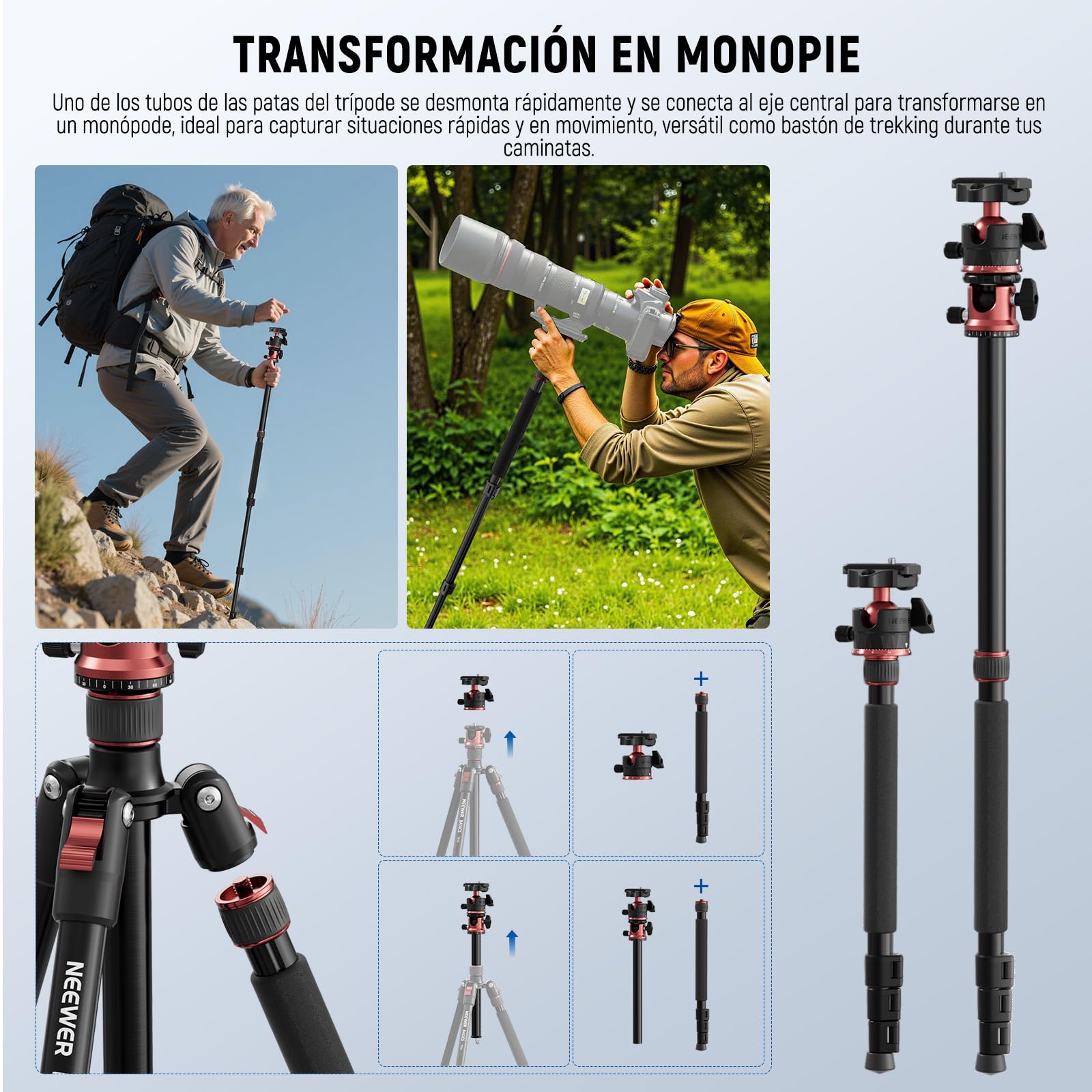 NEEWER Basics 70.9" 180cm Trípode Monopié Cámara con Columna Central & Rótula, Quick Release Overhead DSLR Soporte Móvil Compatible con iPhone Grabación Vídeo Viajes, Carga Máxima 17.6lbs 8kg, TP16