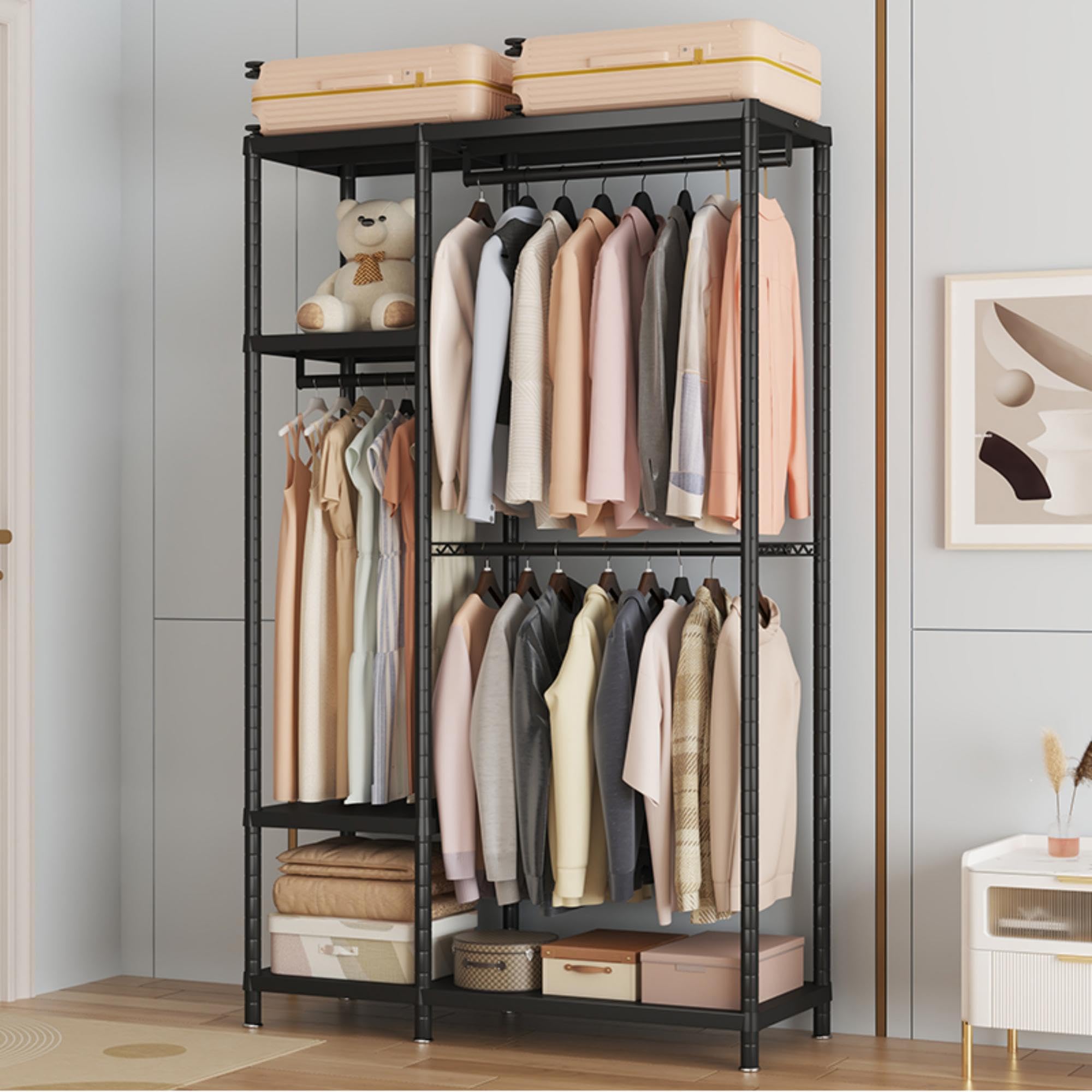 Enjinkail Clothes Rail, 195cm Tall Metal Open Wardrobe with 6 Shelves and 3 Hanging Rails, Max Load 270 KG, Heavy Duty Clothes Rack, Black Clothing Rack for Bedroom, 114cm Wide