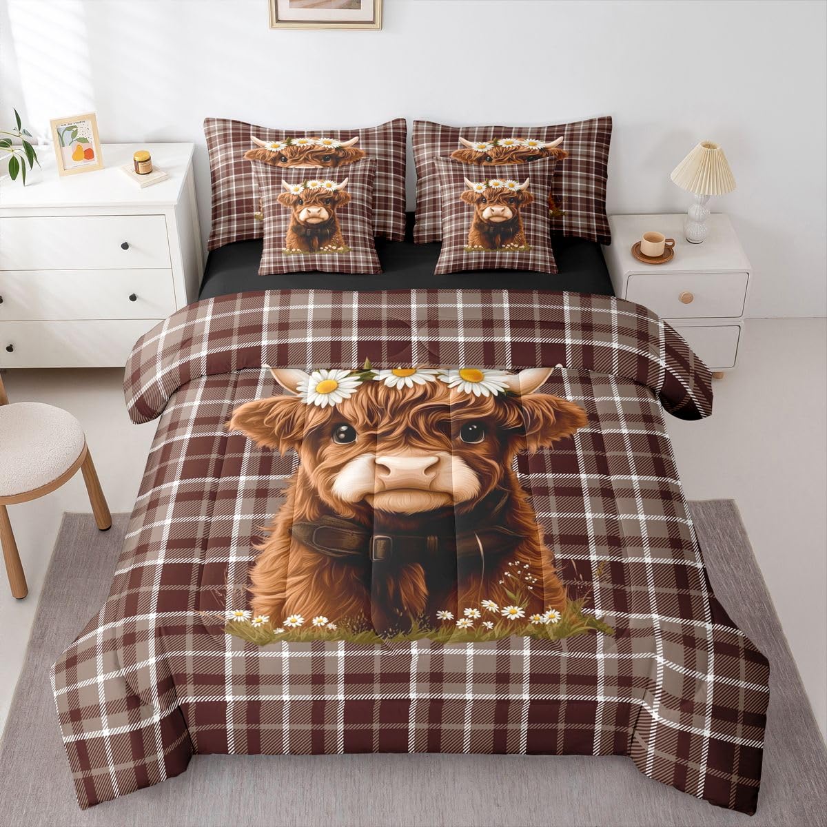 Erosebridal Cute Highland Cow 7 Pcs Bedding Set Brown Buffalo Plaid Grid Queen Comforter Set Farmhouse Cattle Daisy Flowers Bed in A Bag with Flat and Fitted Sheet Wildlife Western Room Decor Bed Set