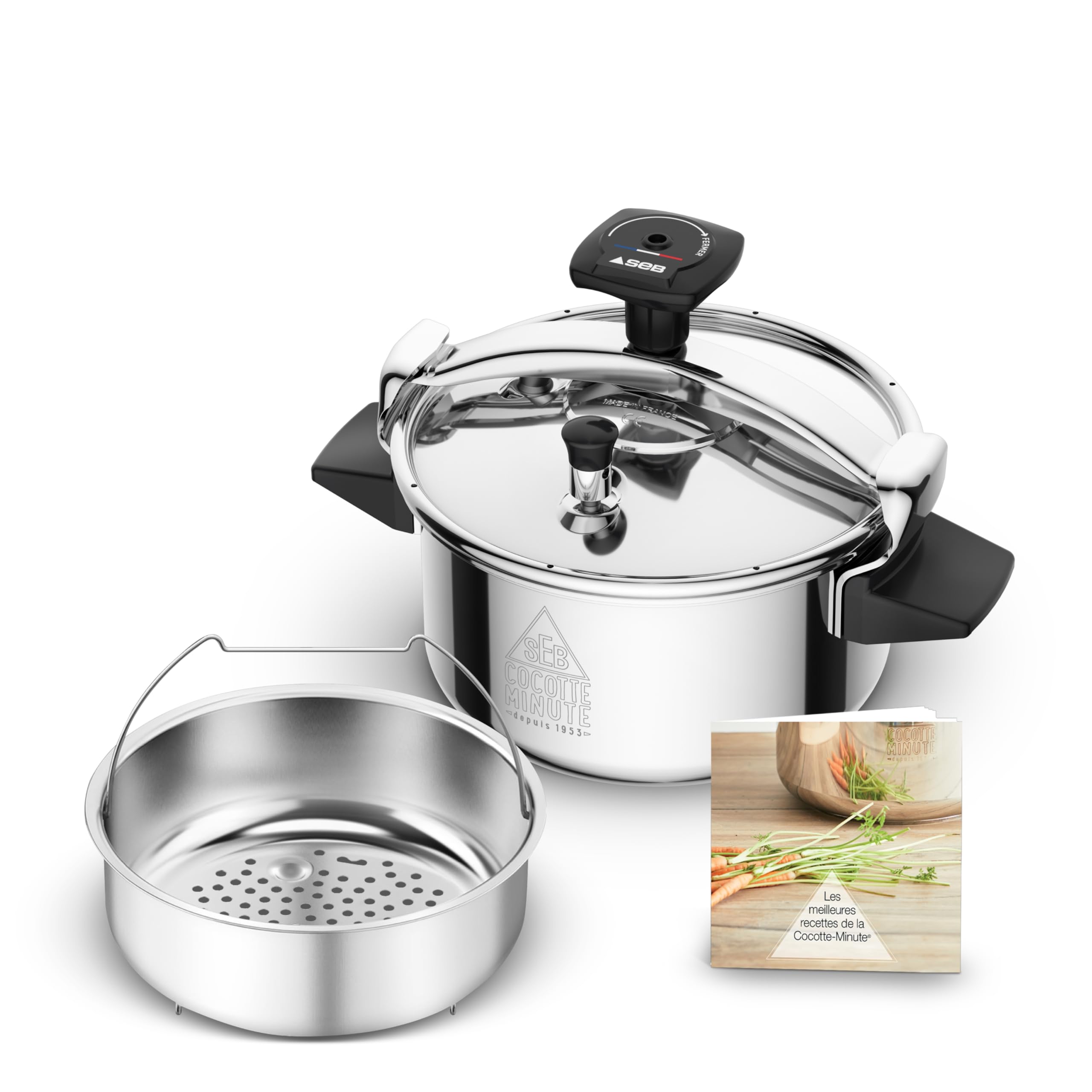 SEB Authentique Eco, Cocotte-​minute 4,​5L, 1 à 4 personnes, Induction, Cuisson plus rapide, Fabrication française, Garantie 10ans, Système de sécurité, Livre de recettes, P0530600