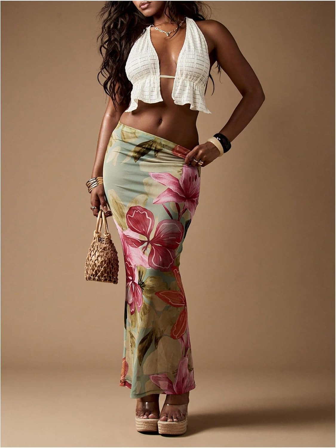 WDIRARA Women's Floral Maxi Beach Skirt Bodycon Long Cover Up Skirts Mesh See Through for Vacation - Image 2