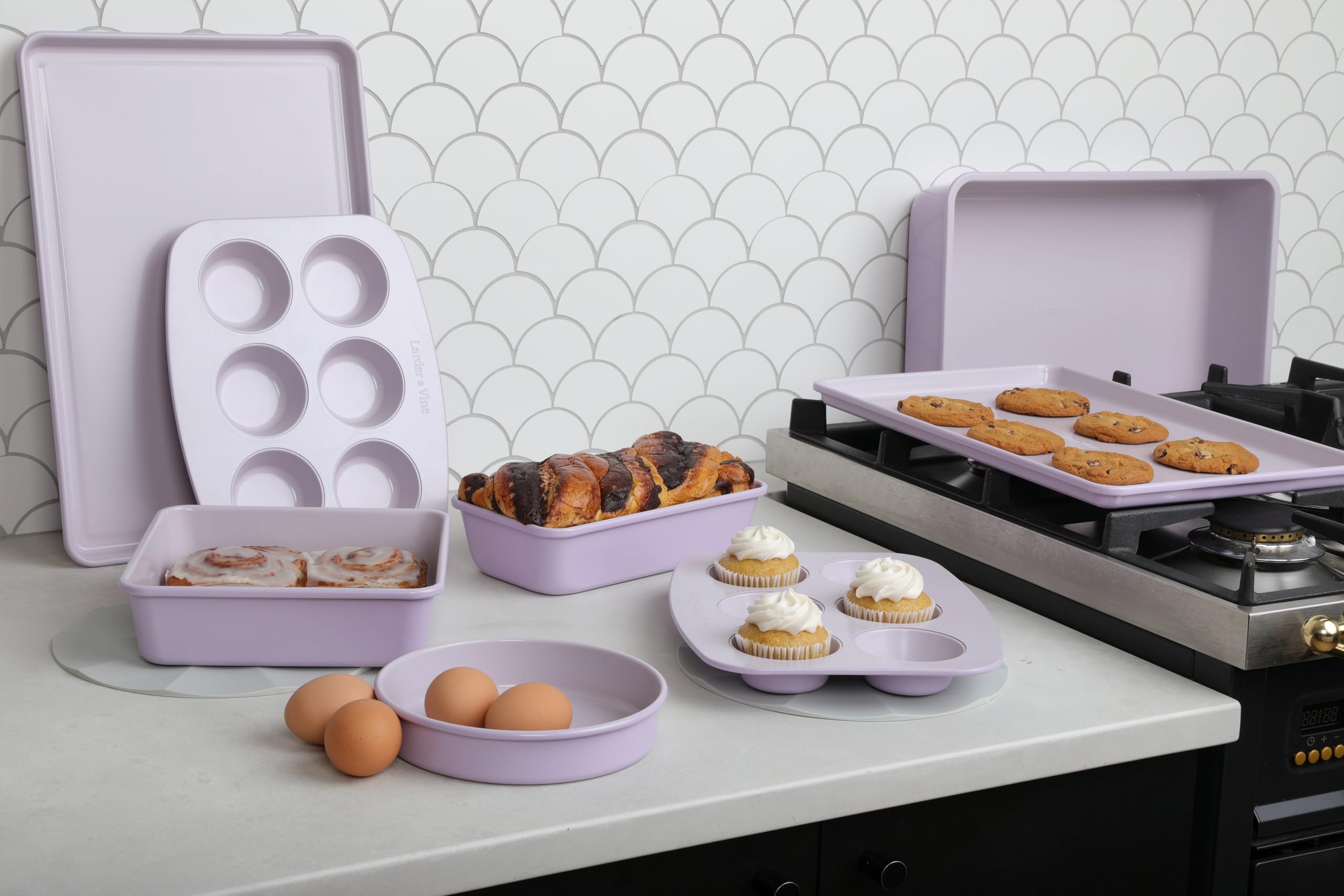 Larder & Vine Bakeware Set - PFAS/PFOS/PTFE Free, Heavy Duty Aluminized Steel with Ceramic Finish, Includes Sheet Pans, Loaf Pan, Muffin Tins, Round Pan, Square Pan, Roasting Pan (Lavender)