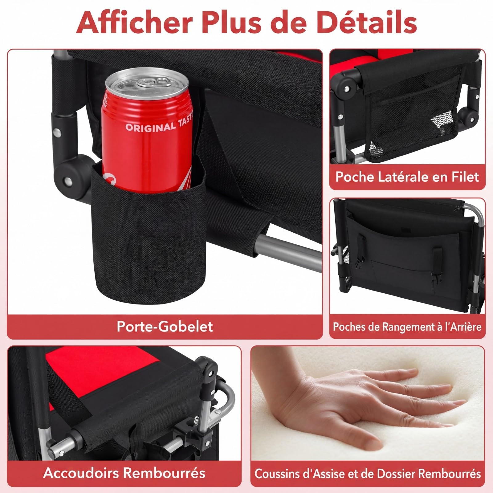 COSTWAY Siège de Stade Pliable, Chaise de Gradin avec Dossier, Porte-gobelet, Poches de Rangement, Coussin de Stade, Crochets, Bandoulière, pour Événements Sportifs Concert, Charge 102 kg (Rouge)