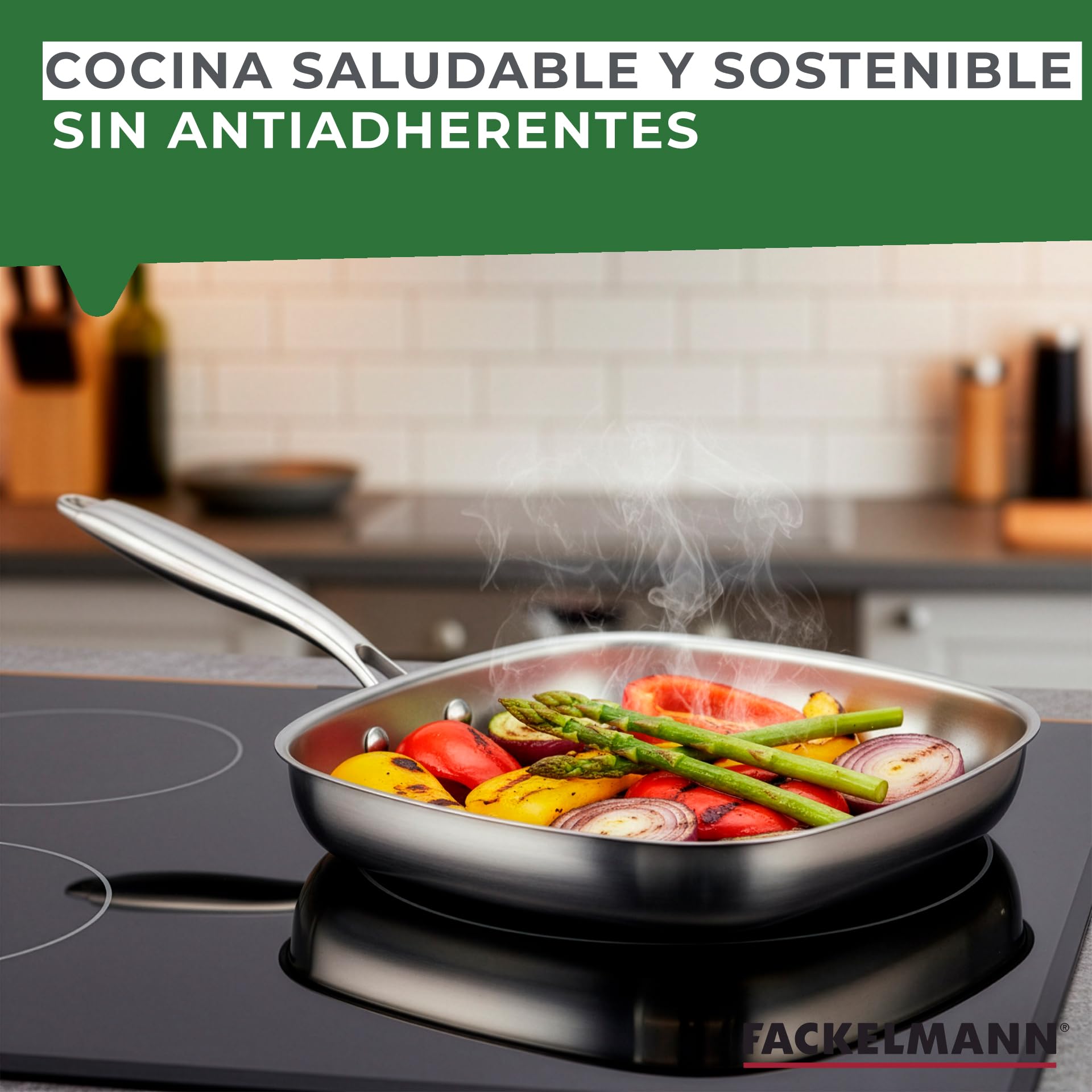 Fackelmann Vita3 Sartén Grill de Acero Inoxidable 28 cm, Acero Inoxidable Triply con Triple Fondo Difusor, Sin Antiadherente, Sin PFA, Apta para Inducción, Gas, Vitro y Horno, Apto Lavavajillas