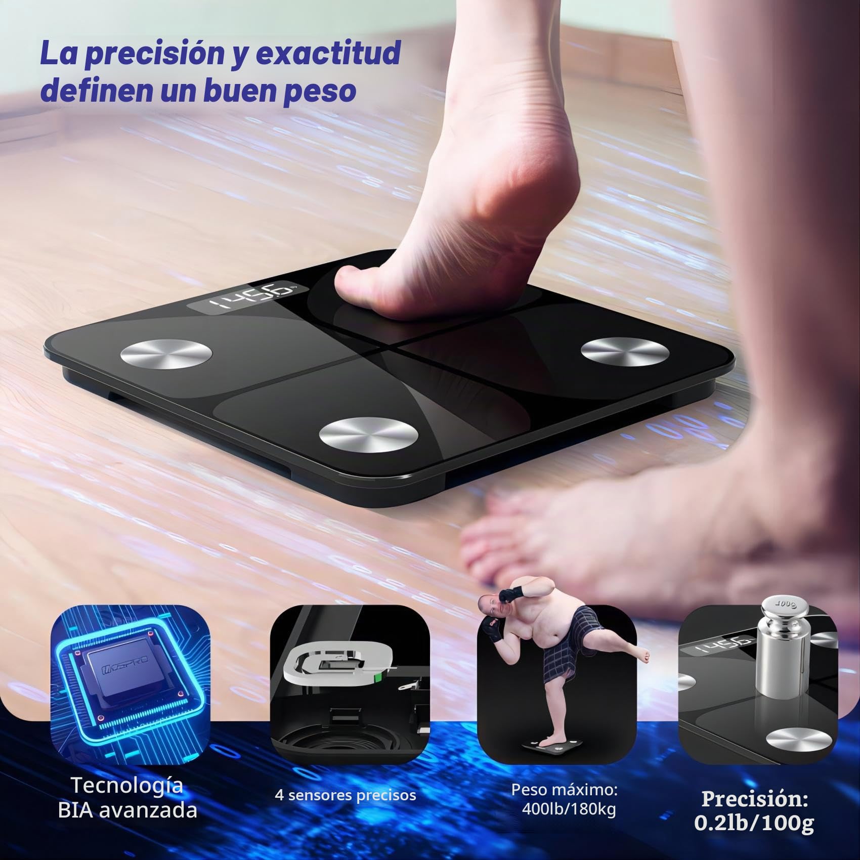 Bascula Grasa Corporal y Muscular, Balanza Bluetooth Inteligente con APP, Bascula de Baño Digital Grasa Corporal, Medición de Alta Precisión el Peso Corporal IMC Visceral e Muscular