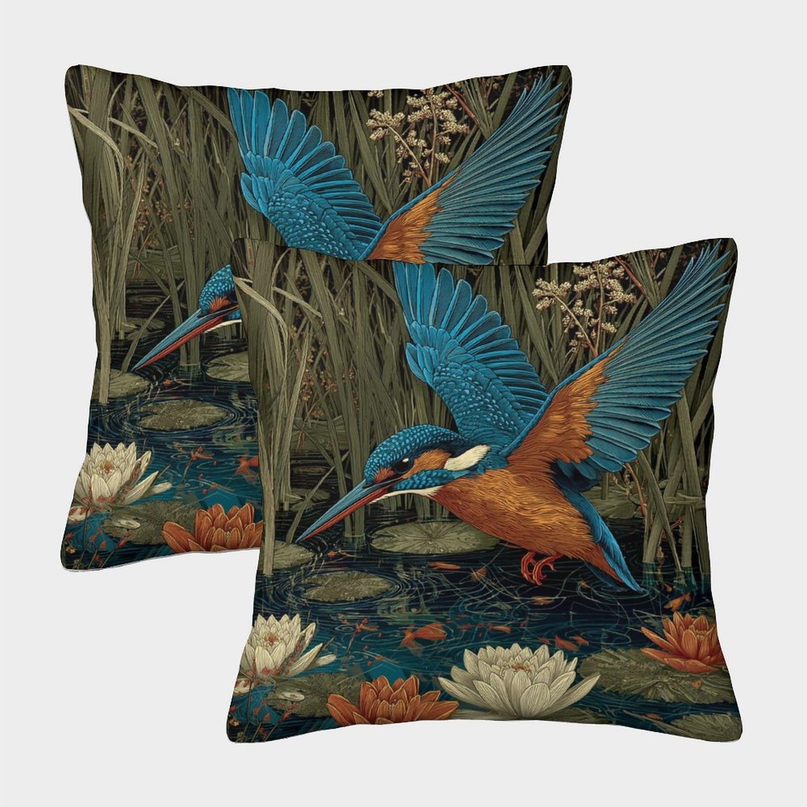 kaiyun 2 Pack Birds, Reeds And Water Lilies Pillow Case Home Decoration Sofa Cushion Cover 45x45cm