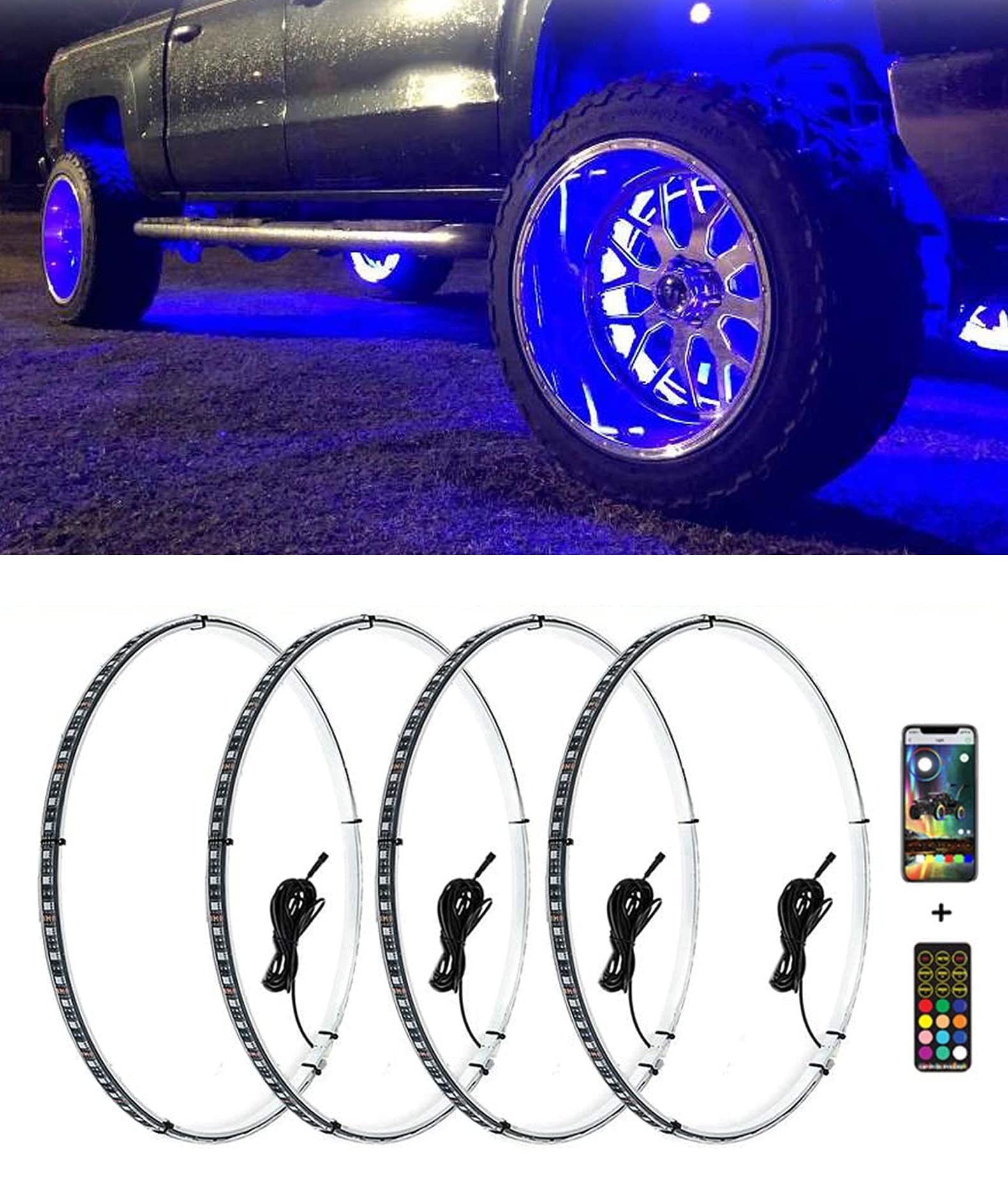 Exerock 4pc 14'' Wheel Light 12V Waterproof LED Illuminated Wheel Rim Lights Tire Lights 4 Packs Lights RGBW w/Turn Signal and Braking Function Controlled by Remote&APP