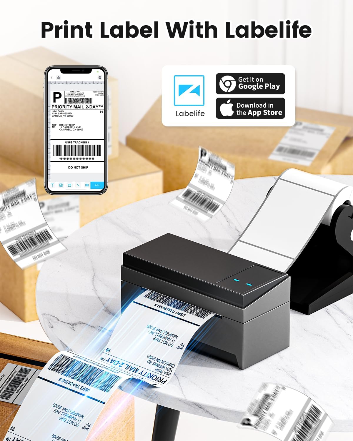 Screenshot of the Labelife app interface on a smartphone, showing options for printing labels.