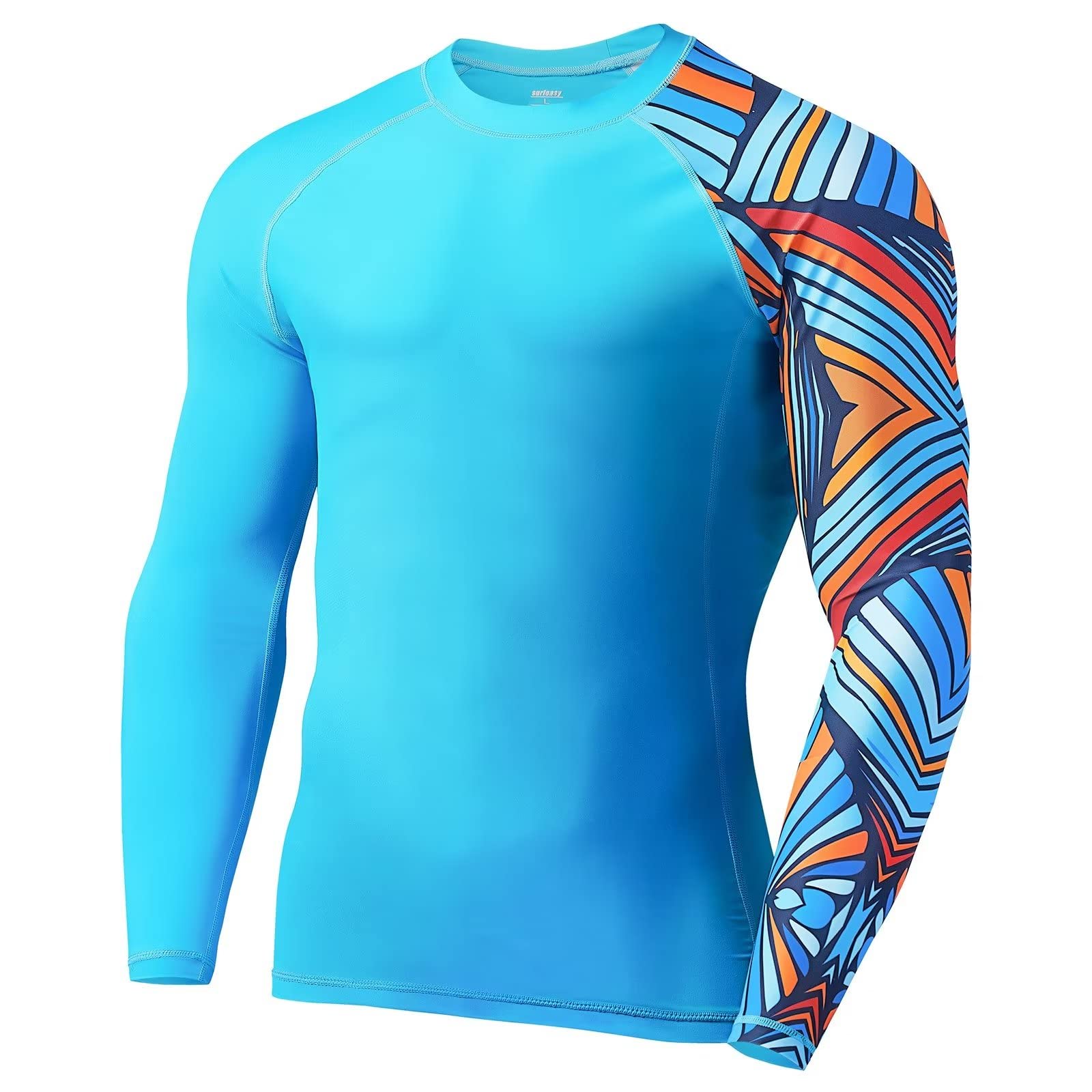 SURFEASYMen's Long Sleeve Rash Guard Swim Shirt, UPF 50+ Sun Protection Quick Dry Rashguard Surf Swimming Shirts(Blue,L)