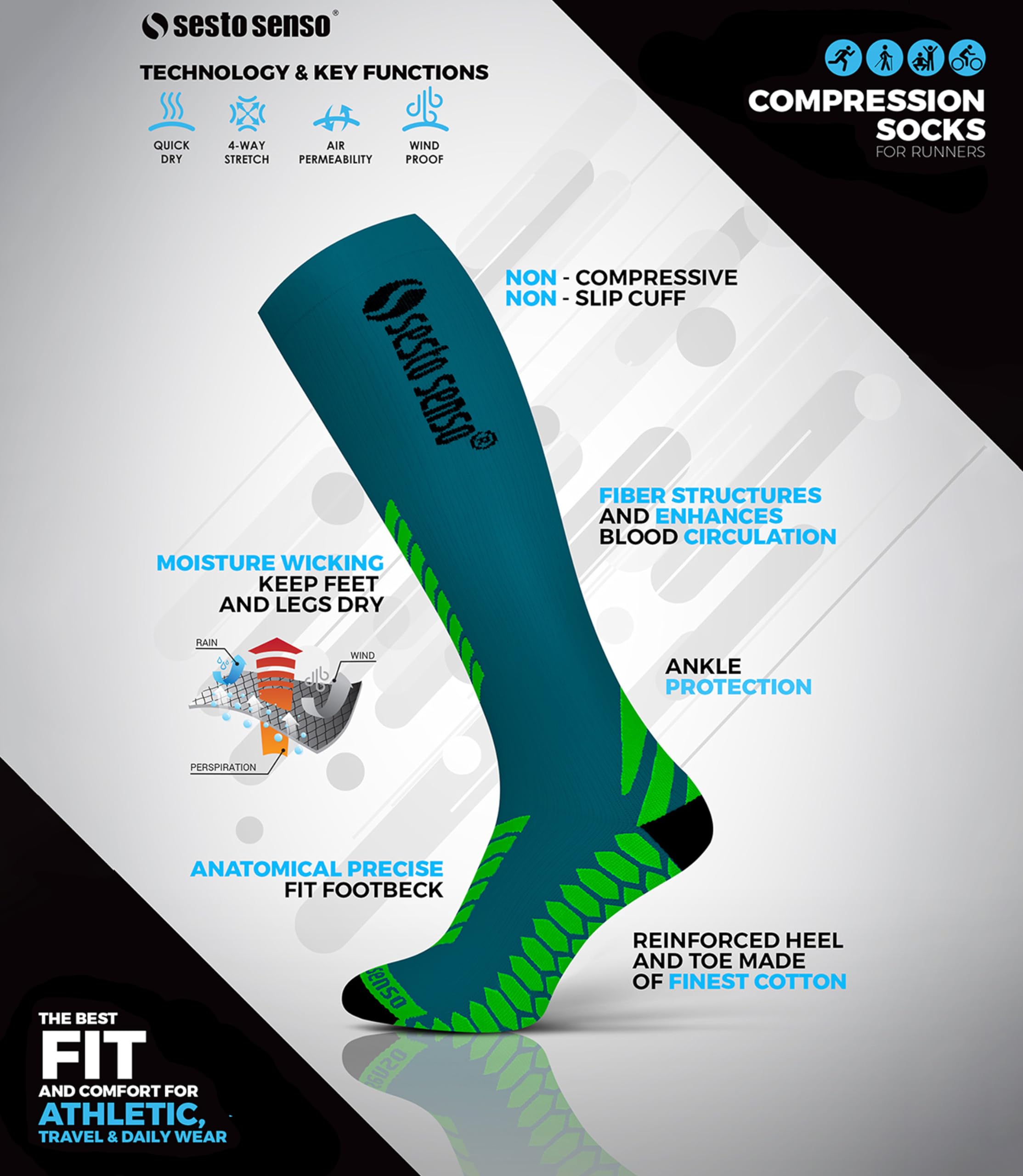 Sesto Senso 3 Pares Calcetines de Compresión Deporte Colores Altos Hombre Mujer
