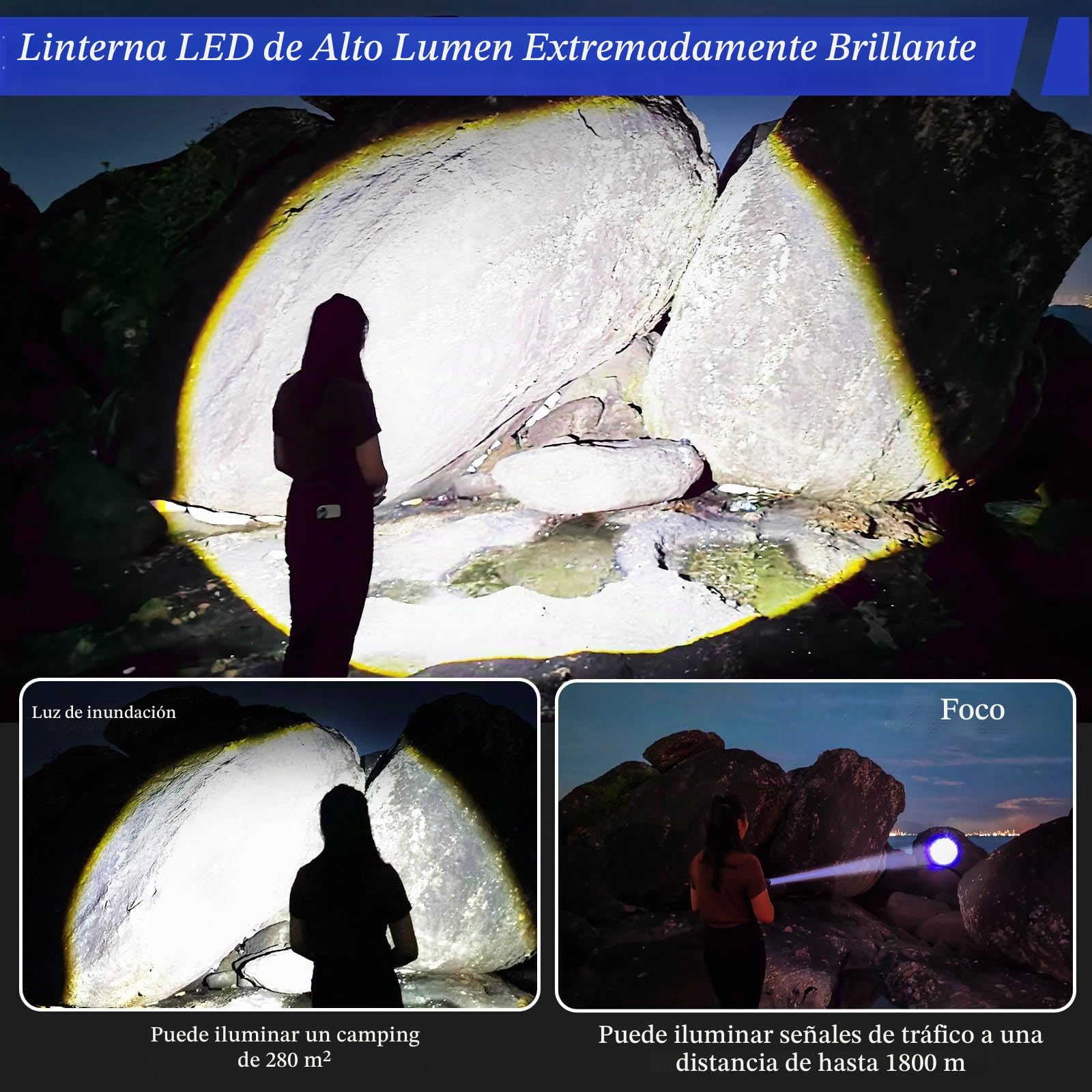JAY-PARK Linternas LED Alta Potencia 1000000 Lumen, Linterna Recargable con Batería 5000 mAh, Linterna Potente 5 Modos, Zoomable, IPX7 Impermeable, Linerna Tactica Para Camping Senderismo Emergencias