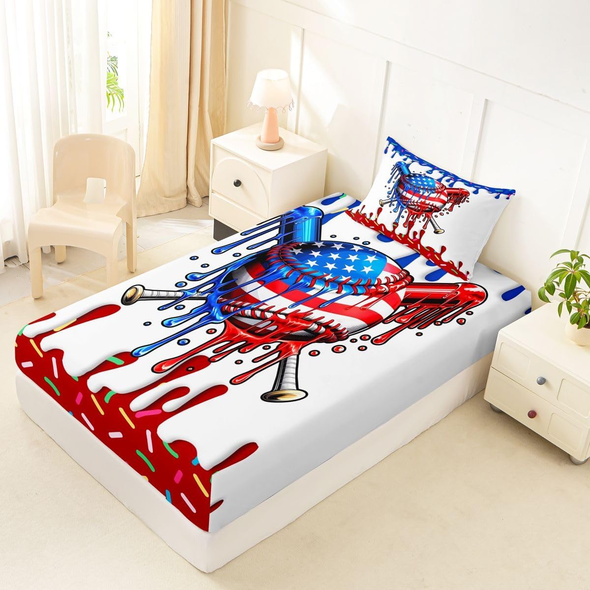 Erosebridal USA Flag Baseball Fitted Sheet Twin Navy Blue Red Ice Cream Drip Bed Sheets Patriotic Baseball Ice Cream Bedding Set for Girls Boys Kids Children Teens Adults Sports Games Sheets 2 Pcs image 3