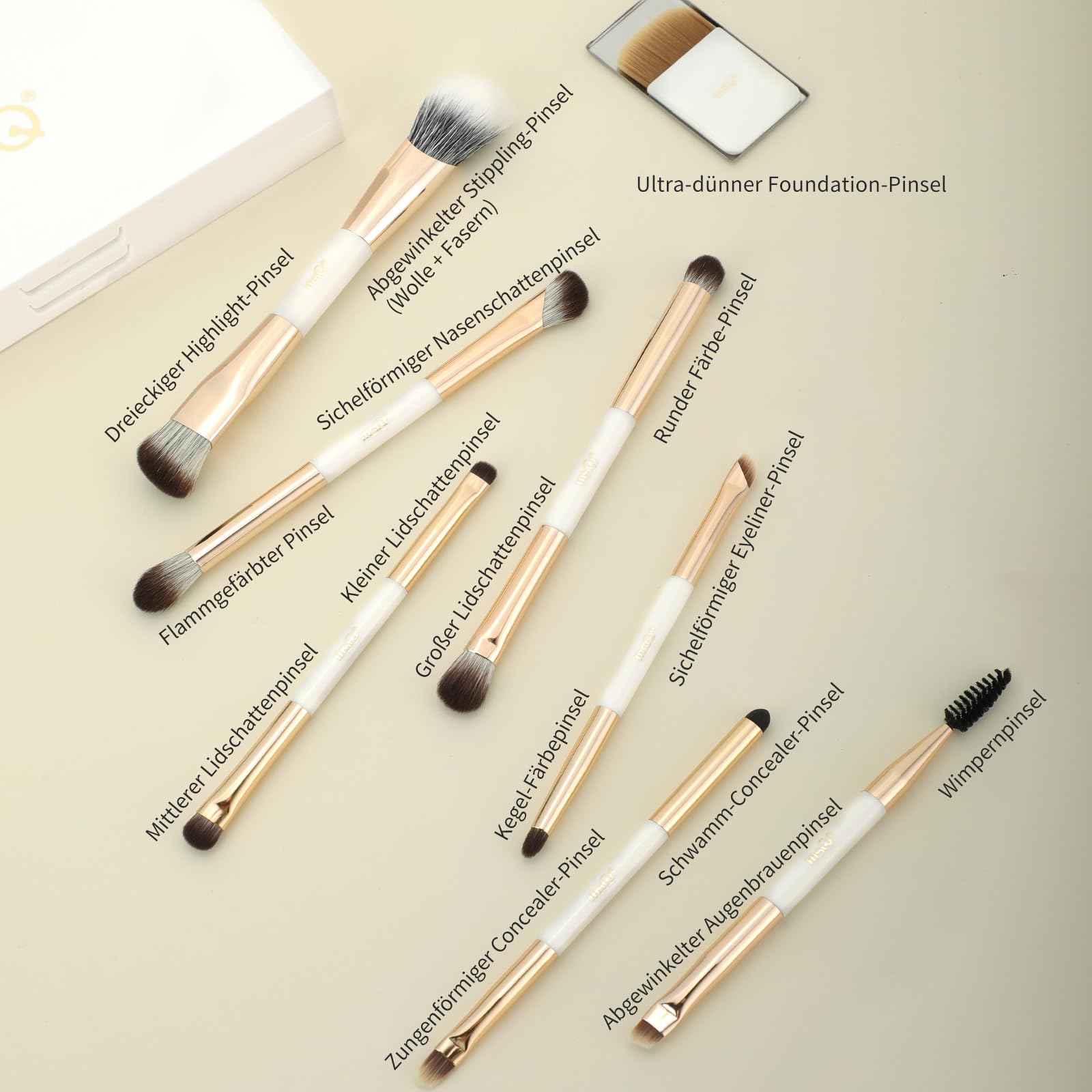 MSQ Juego de 7 pinceles de maquillaje doble extremo,1 pincel de ultrafino | Caja de esponja de limpieza de pinceles de maquillaje con espejo de maquillaje