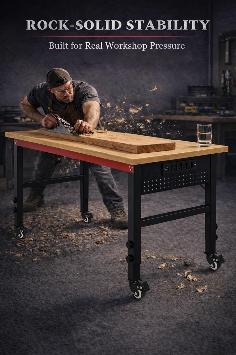 48" Workbench with Wheels, Adjustable Height Workbench with Power Strip & Pegboard, 2000LBS Solid Wood Top Work Table with Reinforced Steel Frame for Garage, Workshop, Office, Home