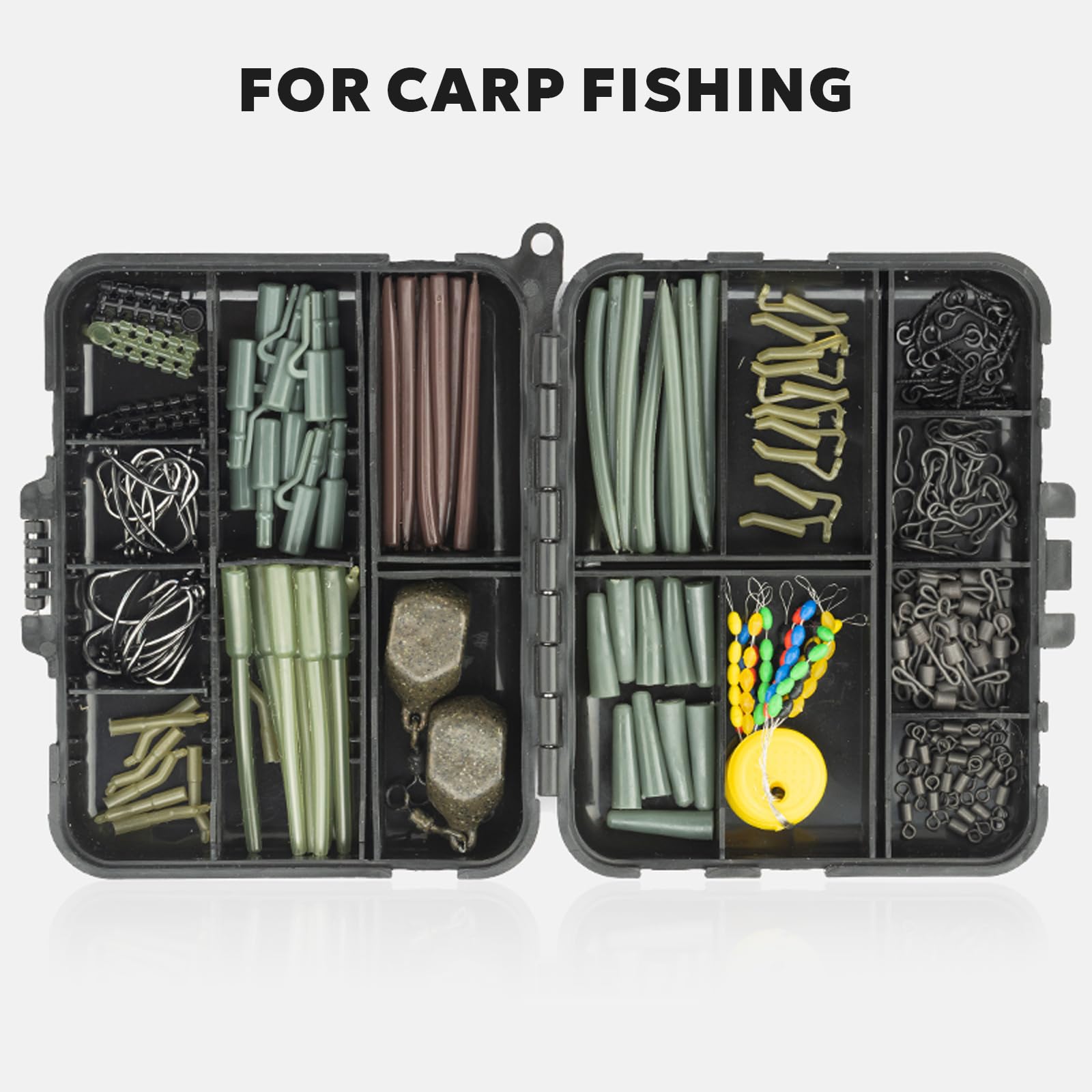 Dr.Fish Kit Pêche Carpe 278 Pièces – Hameçons, émerillons, Perles, Stoppeurs – Boîte Portable 12x10x3.5cm