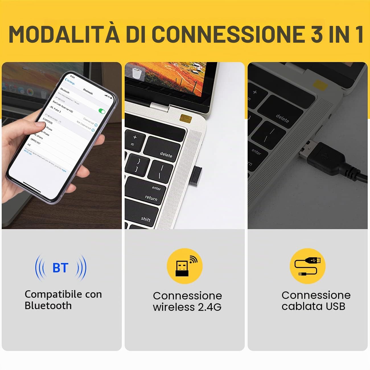 Tera Lettore di codici a barre Bluetooth 2D Mini portatile senza fili Clip posteriore 2D QR 1D Lettore di codici a barre con scansione di immagini Bluetooth per Android, iOS, Smartphone, modello 0012