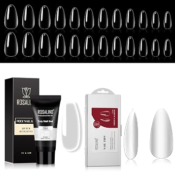 ROSALIND 264PCS Clear Medium Almond Nail Tips with 60ml Clear Poly Nail Gel, 10 Size Almond Nail Tips Acrylic False Nail Tips and Poly Extension Gel Nail Art Acrylic Extension