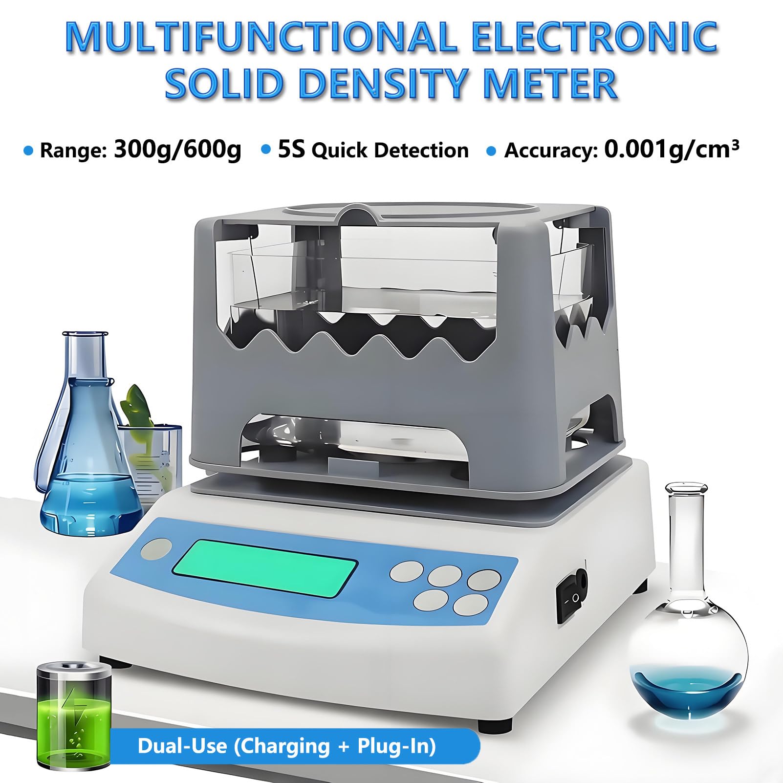 Densimetro Elettronico per Solidi, Alta Precisione 0,001 G/Cm³, Display LCD, Strumento per la Misurazione della Densità di Plastica e Gomma, Apparecchiatura di Test della Densità 600g