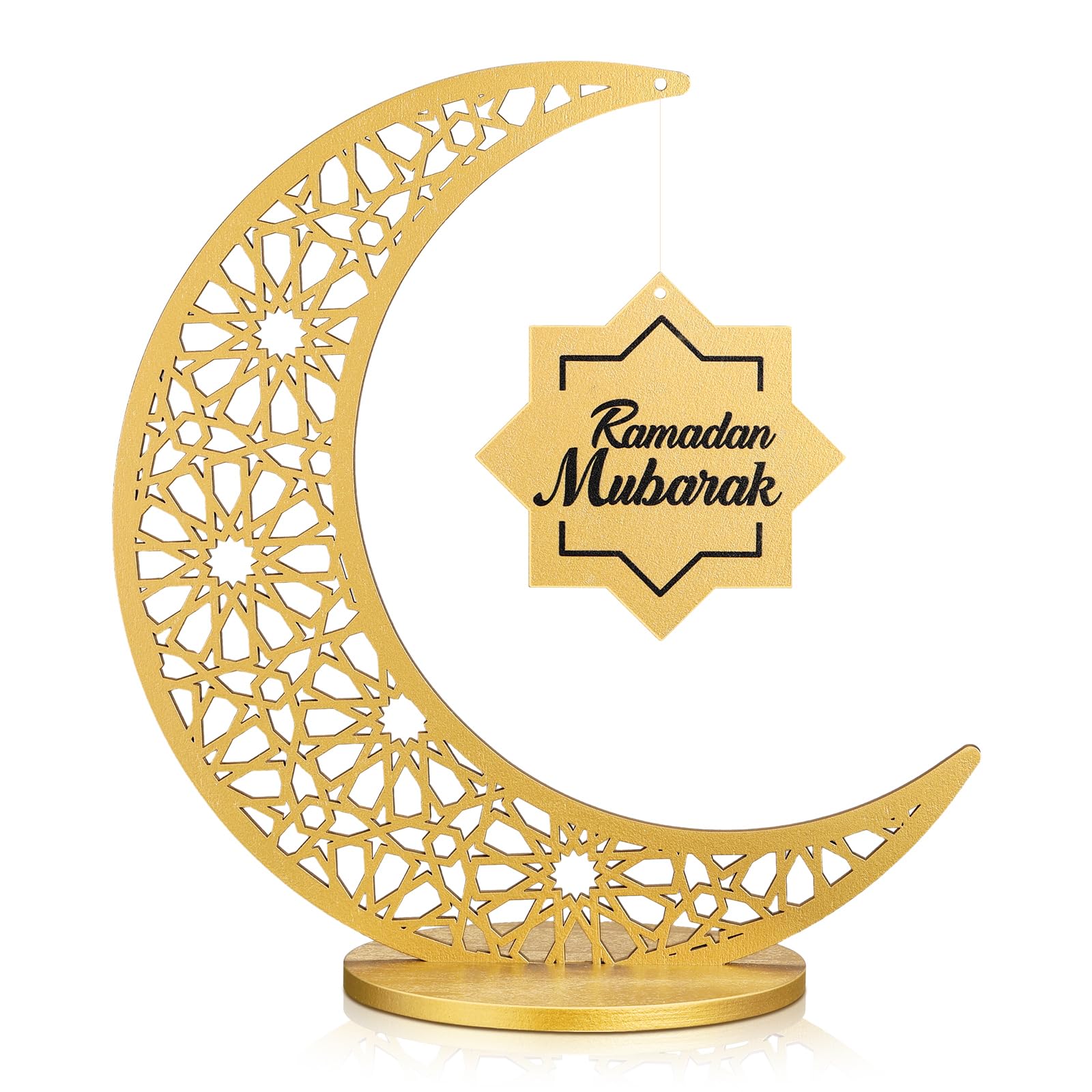 DoubleFillGolden Wooden Ramadan Table Centerpiece Crescent Moon Hollow Star Ornament for Ramadan Decor Islamic Gifts