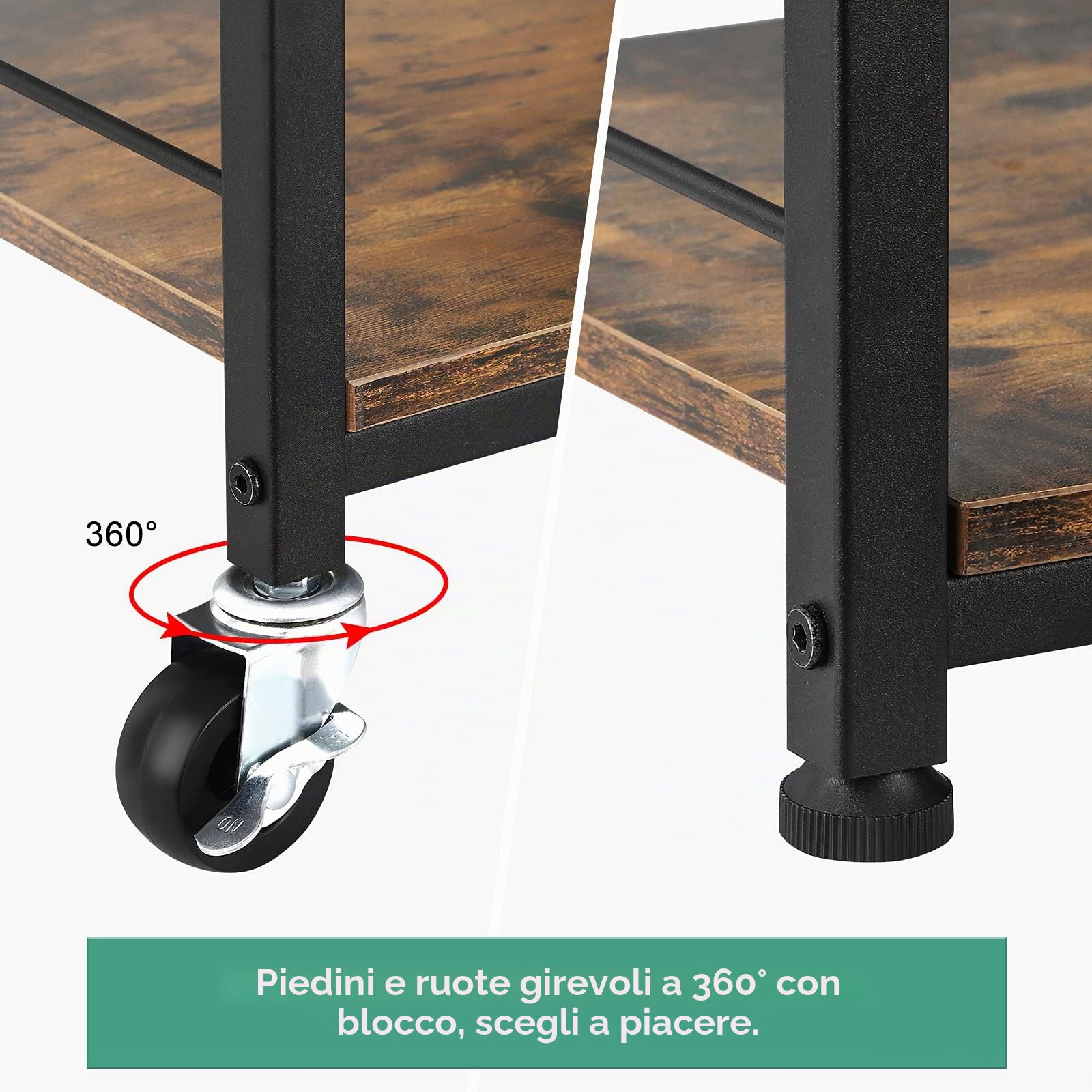 Kitchen Island Carrello su ruote 4 ripiani per panettiere da cucina Carrello portaoggetti in legno, comodino per camera da letto con portaoggetti, forno a microonde, scaffalature per ufficio marrone
