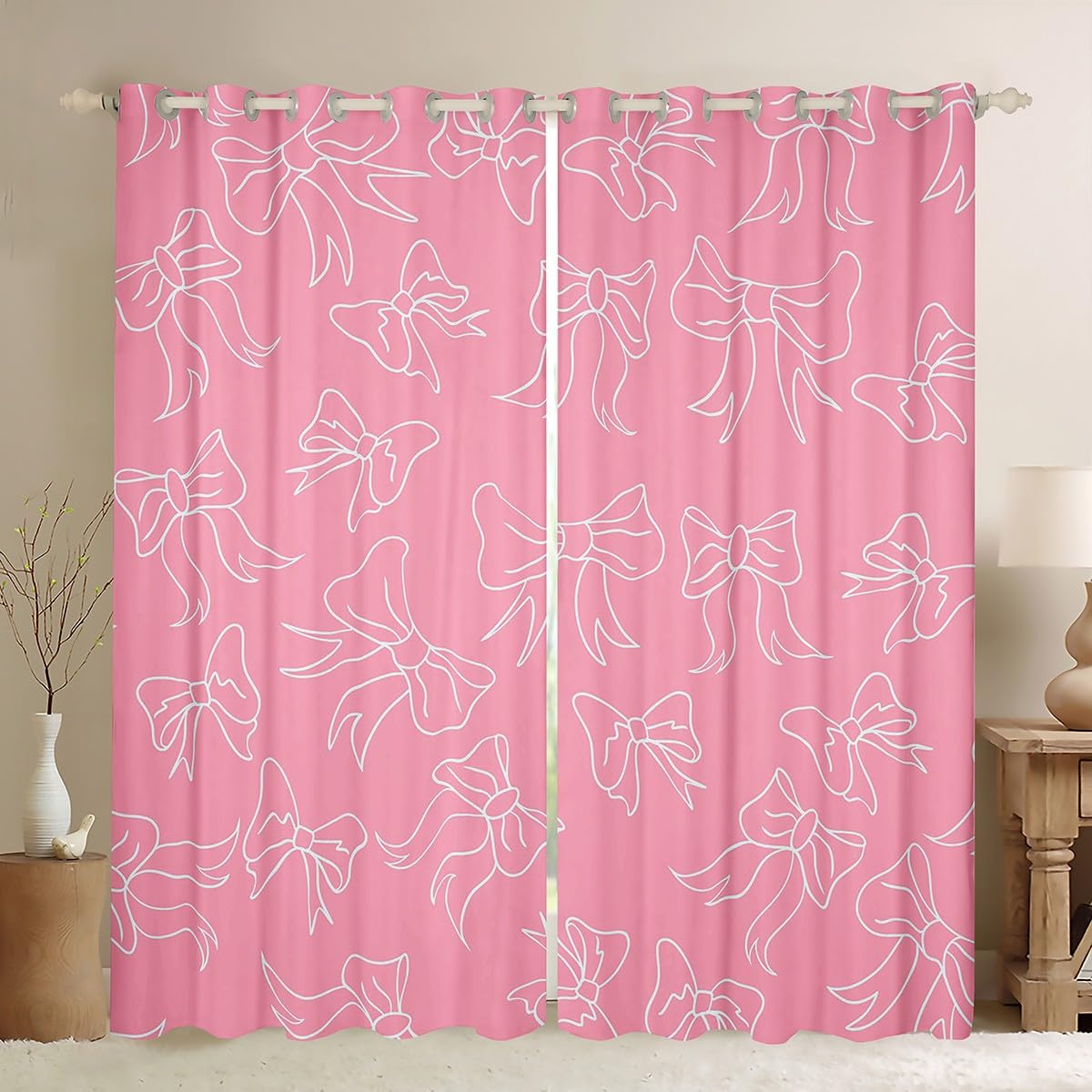 Feelyou Cute Bowknot Room Darkening Blackout Curtain Boys Girls (2 Panels, 42 x 63 Inch) Pink Girls Bow Curtains for Bedroom Living Room Bow Blackout