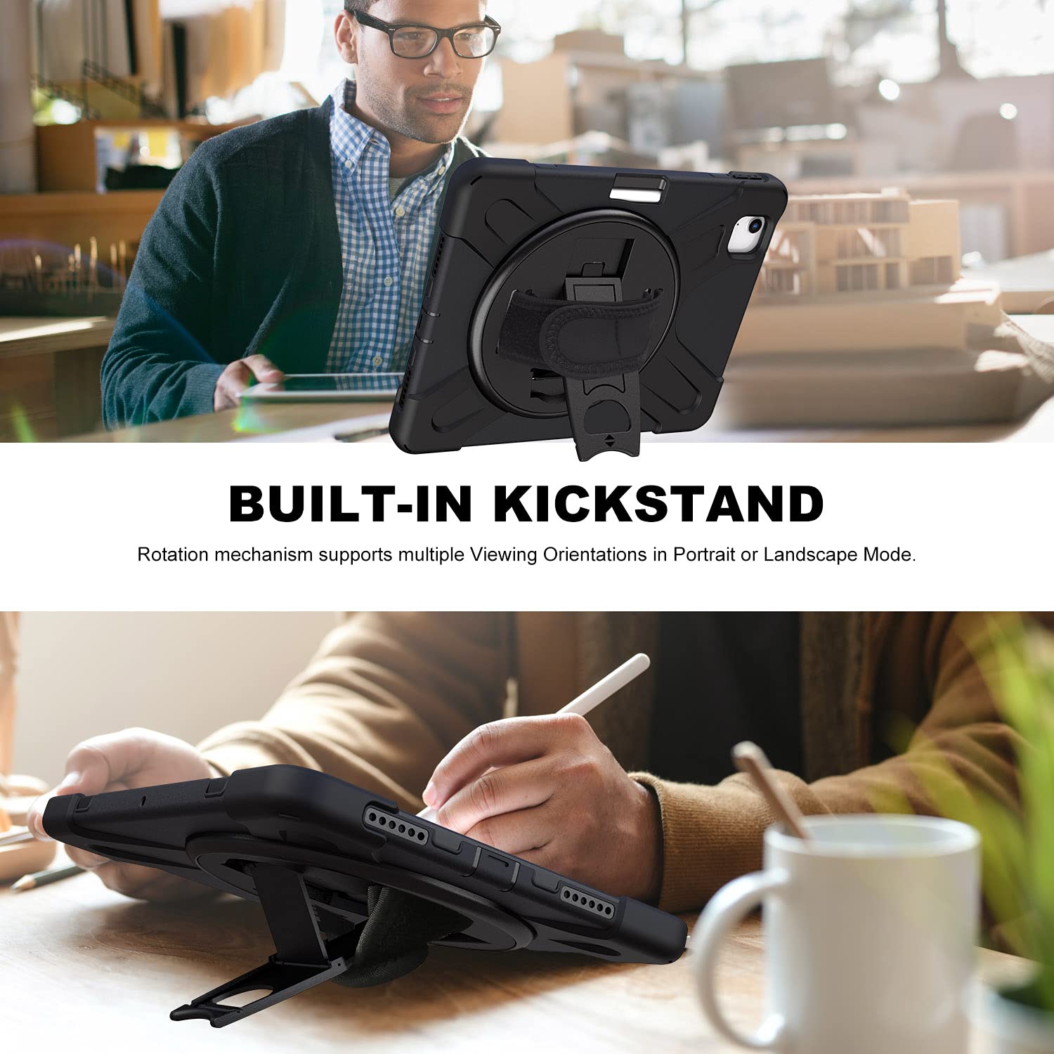 Coque Antichoc Gerutek Pour IPad Air 13" / IPad Pro 12.9" - Support Rotatif 360°, Dragonne, Bandoulière, Porte-stylo - 12