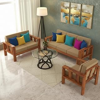 Saraswati Furniture Modern 6 Seater Sofa Set | Solid Sheesham Wood 3+2+1 Seating for Hall & Living Room | Durable Wooden Furniture with Brown Finish