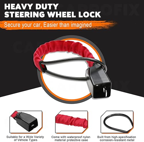 Miniatura 2 de Cerradura de volante de seguridad para automóvil, bloqueo de cinturón de seguridad, dispositivo de bloqueo antirrobo con 2 llaves (rojo) se adapta a