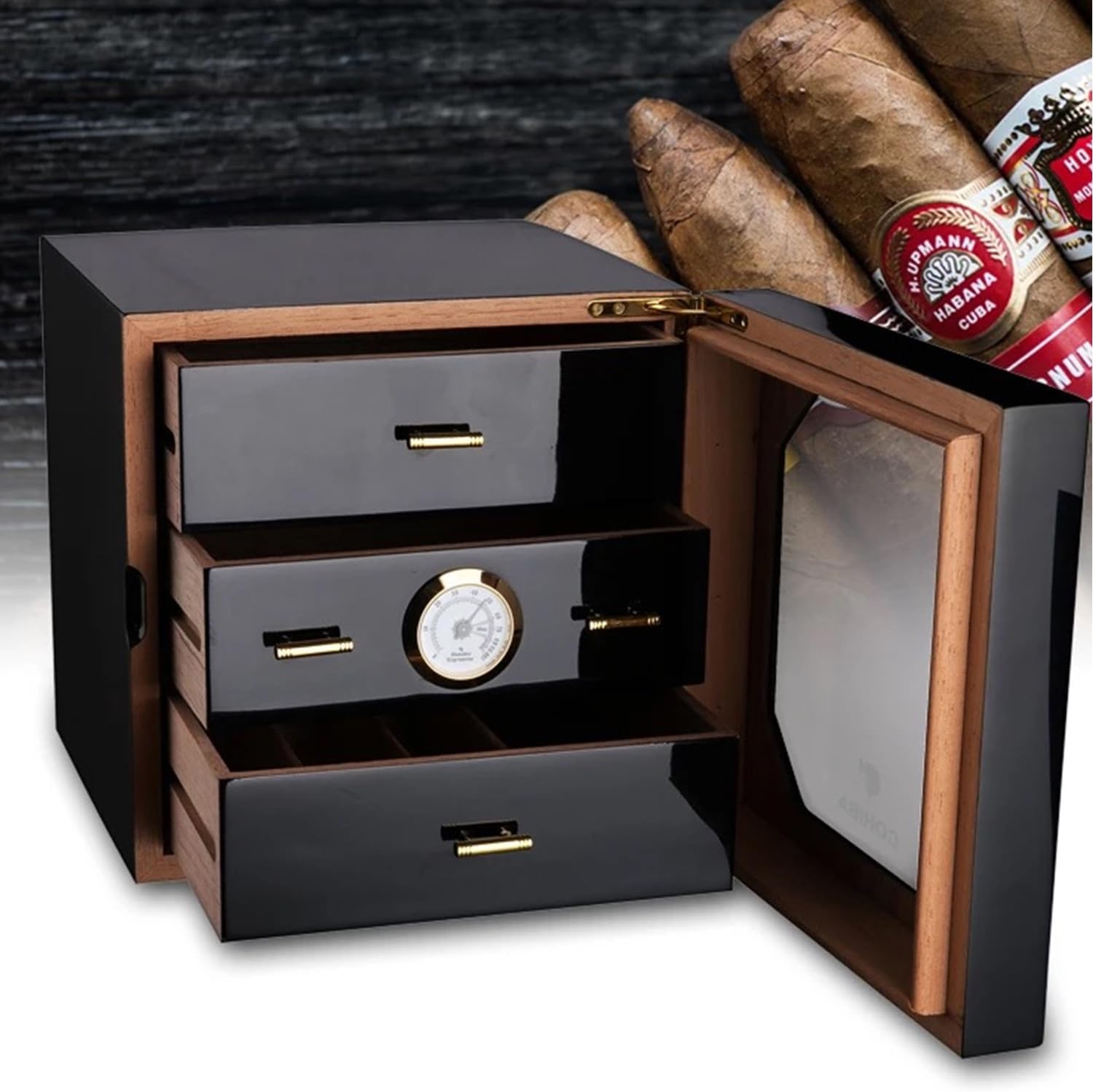 Cigar Humidor Front Mounted Hygrometer Cedar Lined Storage Box and Humidifier, Polished Piano Black Coating Finish Cedar Wood Lined and 3 Layer Drawers，Holds 100-150 Cigars