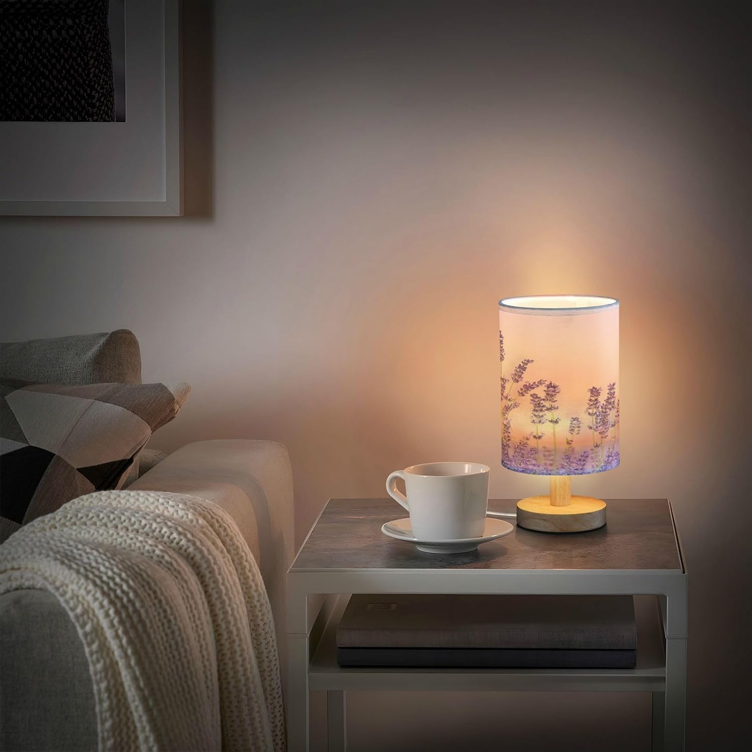 YETTASBIN Purple Lavender Bedside Table Lamp, Small LED Desk Light USB Nightstand Lamp with Non Slip Wood Base & Eye-Friendily Lampshade for Living Room Bedroom Dorm Home Office Desk Decor