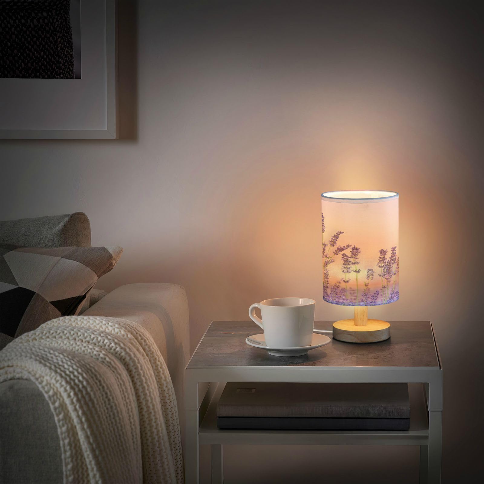 YETTASBIN Lámpara de mesita de noche de lavanda morada, pequeña luz LED de escritorio, lámpara de mesita de noche USB con base de madera antideslizante y pantalla agradable para los ojos para sala de