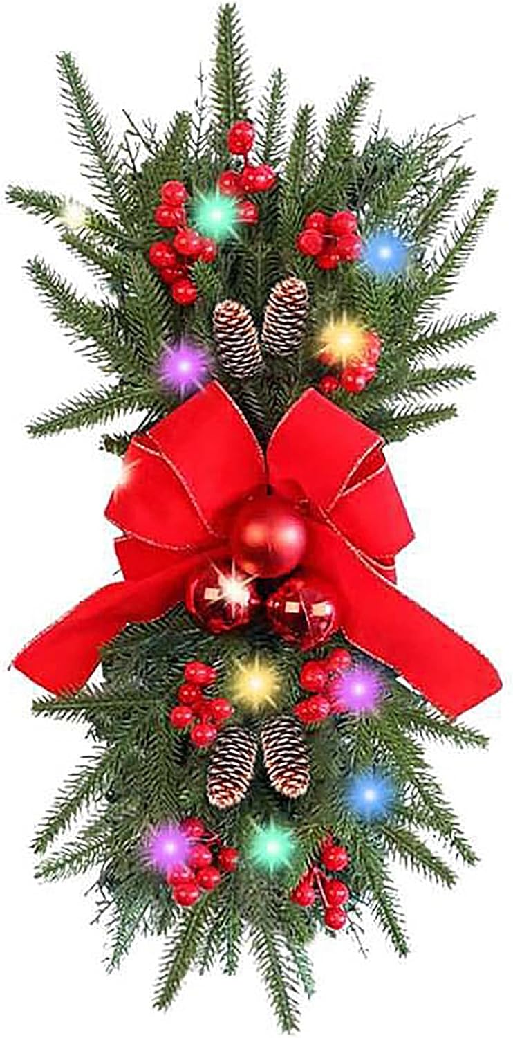 DULRLLY Christmas Door Stair Swags Teardrop Swag Wreath with Row Hanging Artificial Stairs Wreath Pine Cone Swag for Front Door Wall Window Home Christmas Decor