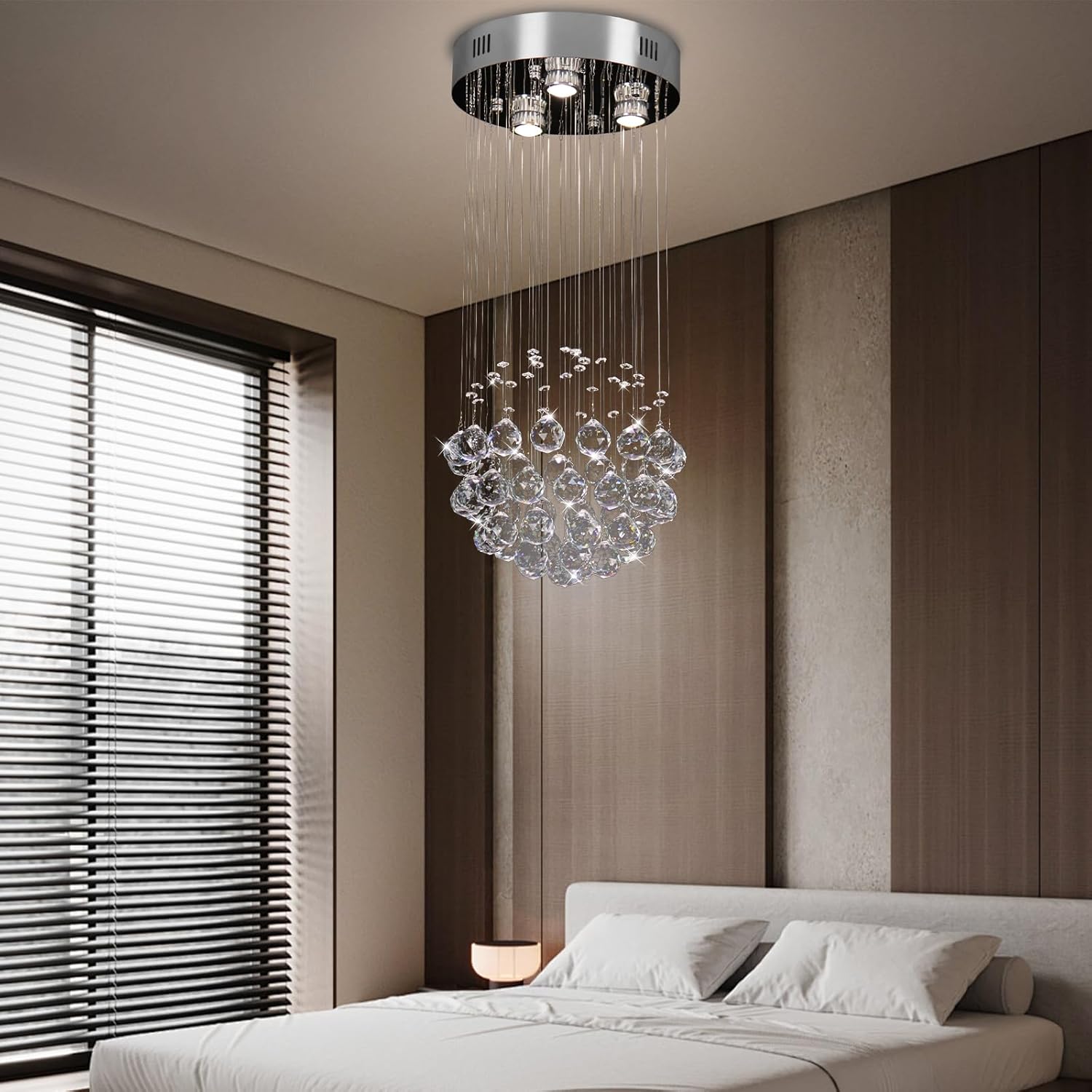 CLAIRDAI Modern Chandeliers Crystal Round Raindrop Chandelier Lighting Flush Mount Ceiling Light Fixture Crystal Raindrop Pendant Light for Living Entryway Room Dining Room,3*GU10 Bulbs
