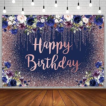7x5ft Rose Gold and Navy Birthday Backdrop for Girls Women Happy Birthday Photography Background Navy Blue Blush Pink Floral Rose Gold Glitters Bokeh Confetti Party Decoration Banner Photoshoot