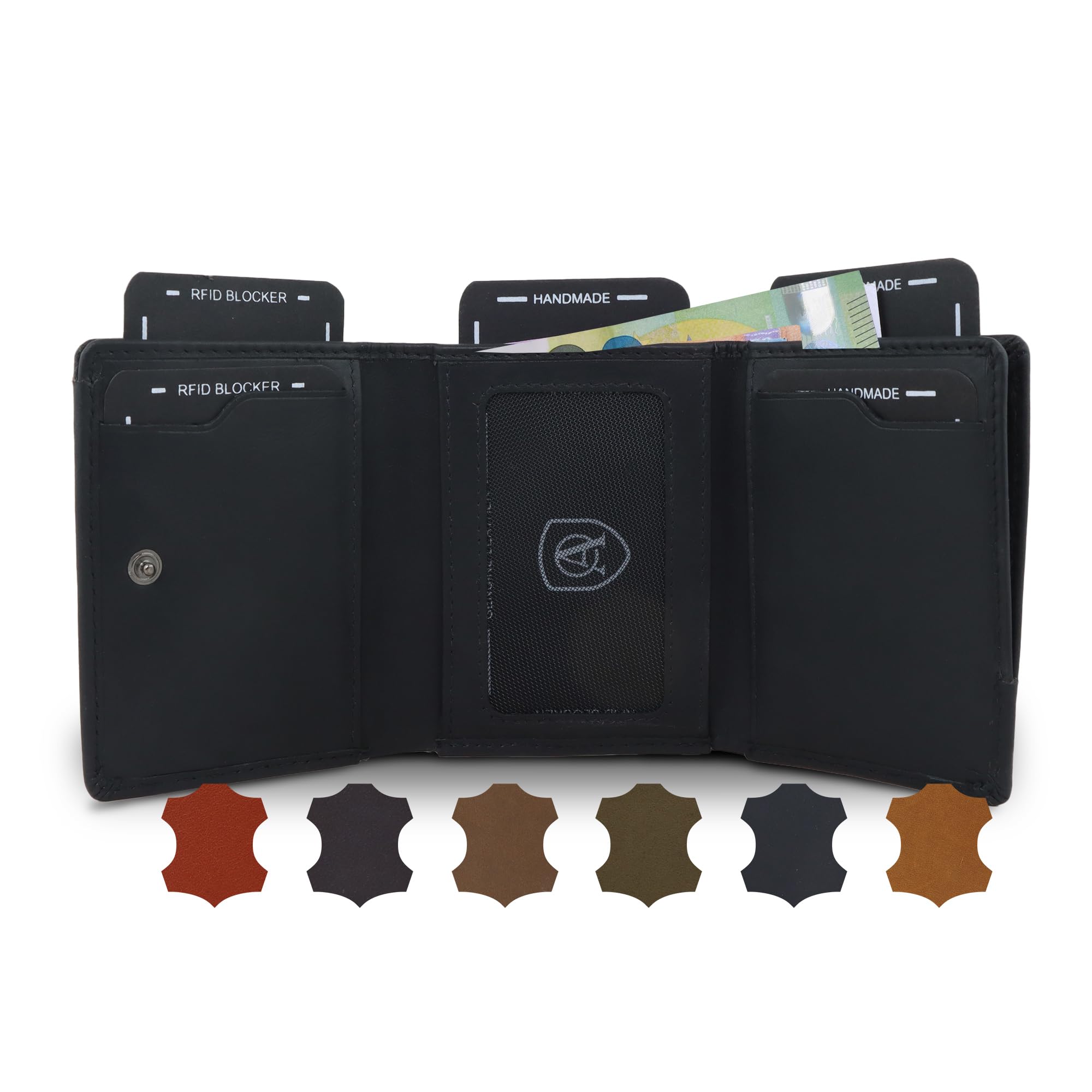 AKAROA – Trifold Geldbörse Herren echtes Rindsleder Henry – Portmonee Herren 7,5x9,5cm mit 10 Kartenfächern & Münzfach mit Reißverschluss – Geldbeutel im Hochformat mit RFID Schutz – Schwarz