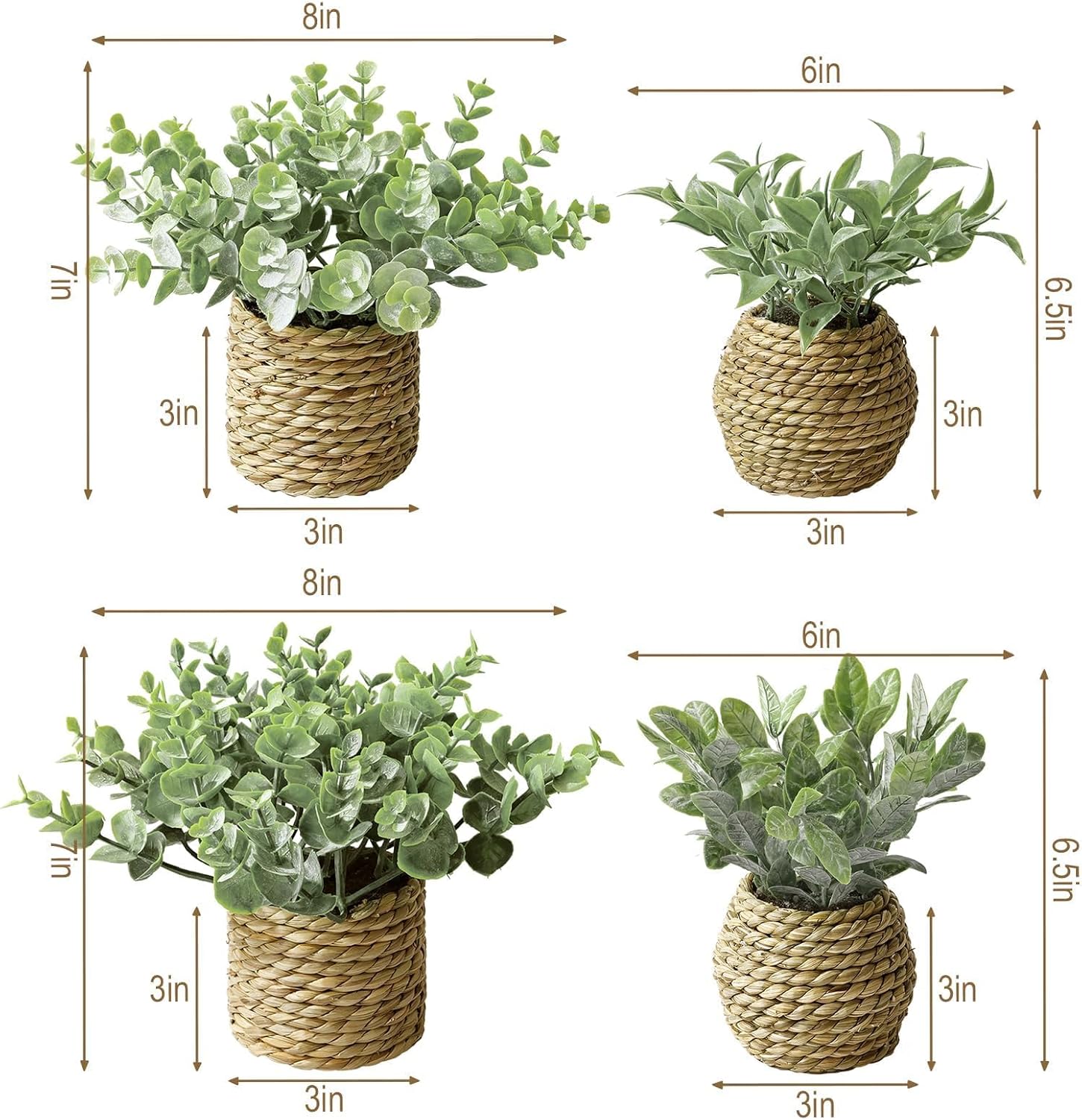 Small Fake Potted Plants: 7 Inches Artificial Plants with Seagrass Handwoven Planters, Indoor Farmhouse Decorations, Eucalyptus Plant for Home Bathroom Office Shelf Tabletop Desk Room Decor or Gift Straw