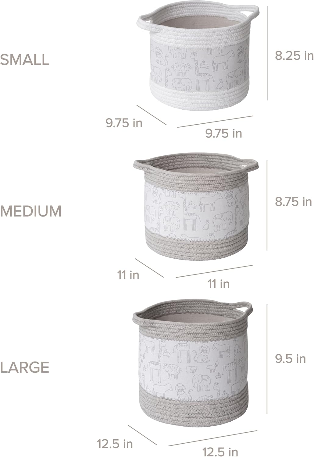 RGI Home Decorative Storage Baskets with Zoo Animal Prints, Set of 3 Round Fabric Rope and Linen Bins for Nursery or Playroom Organization, Multi-Sized with Easy-Carry Handles, Vapor Blue and White