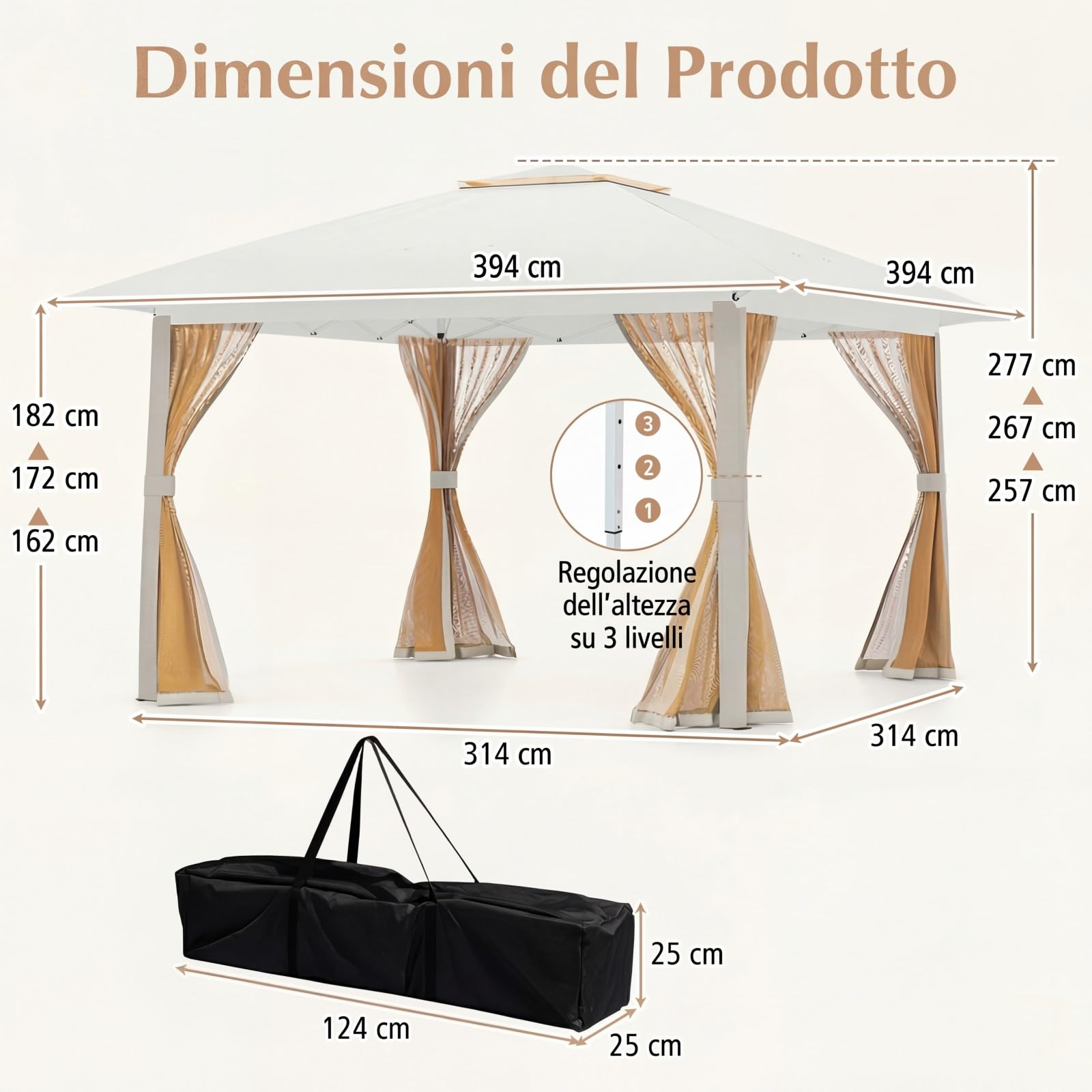 COSTWAY Gazebo da Giardino 3,94 x 3,94 M, Gazebo da Esterno con Zanzariera, Tetto Doppio, 3 Altezze Regolabili e Borsa per il Trasporto, per Feste, Barbecue, Giardino e Spiaggia (Beige)