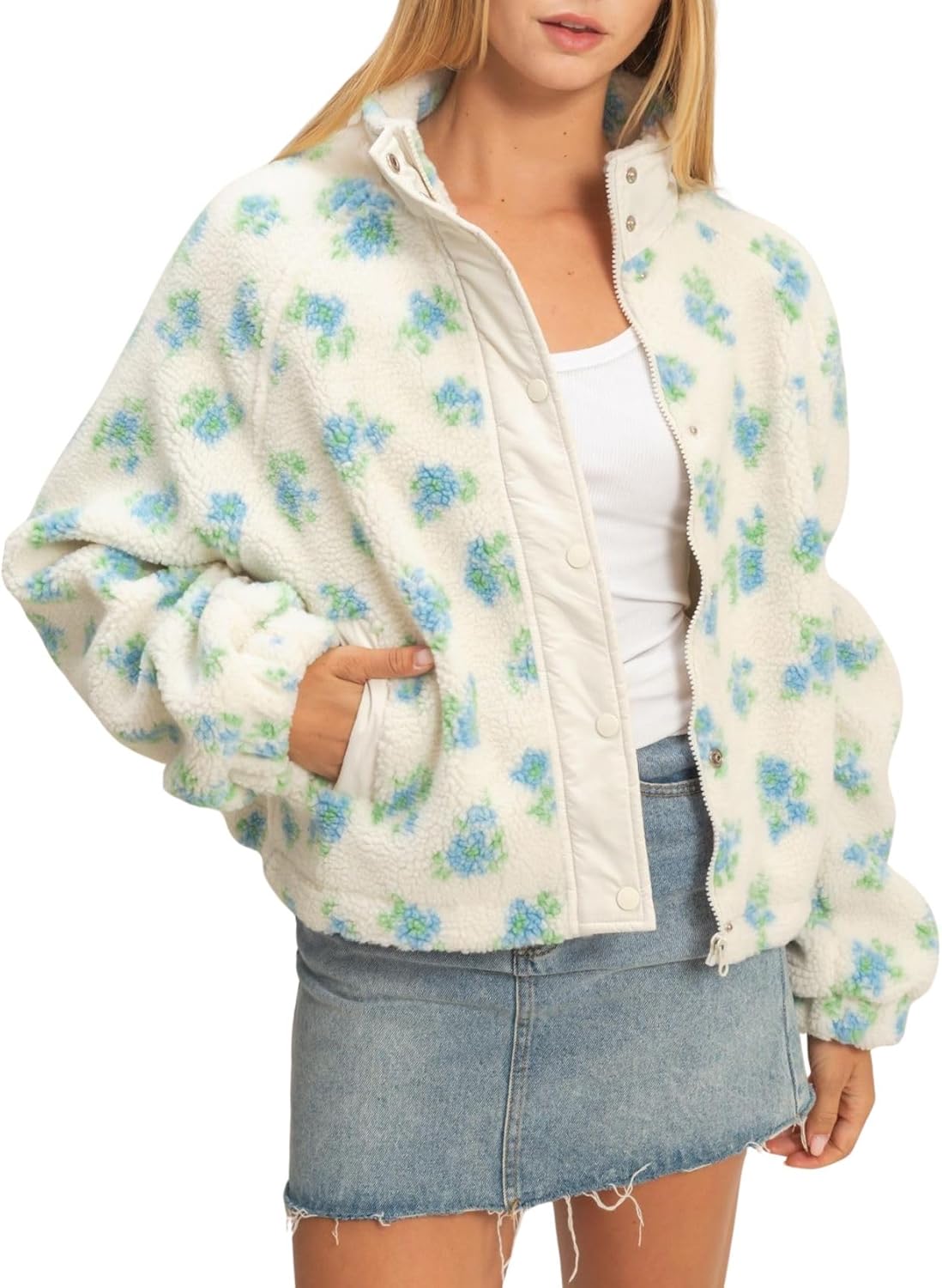 Womens Floral Print Sherpa Zip Up Jacket Winter Teddy Fleece Jacket Casual Faux Fur Outwear