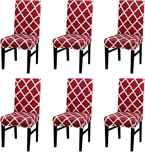 Dining Chair Covers Set of 6,Stretch Dining Chair Protective Printed Slipcovers,Elastic Removable Washable Chair Protector Seat Covers for Dining Room Banquet Party Home Decor(Red+white,Pack of 6)
