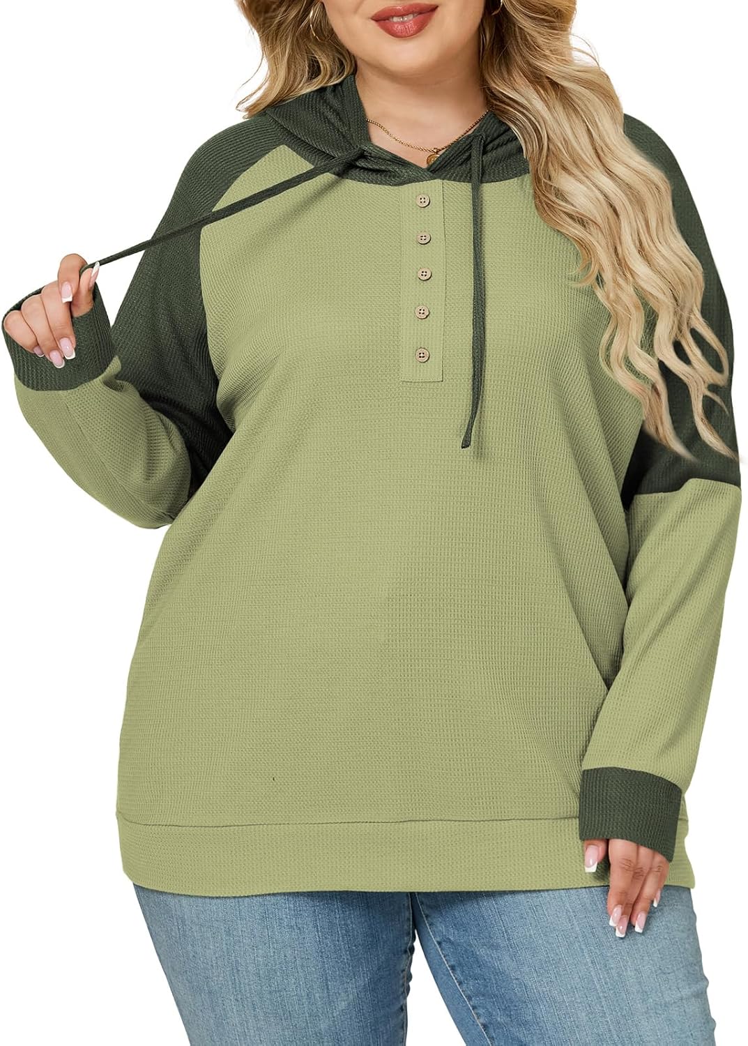 VISLILY Plus-Size-Hoodies for Women Trendy Color Block Tops Raglan Long Sleeve Drawstring Button Hooded Waffle Sweatshirts - Image 3