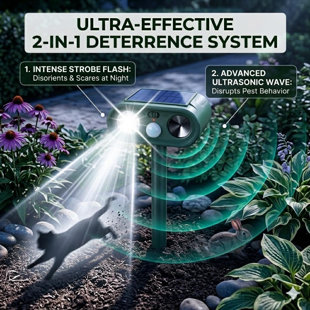 Upgraded Sonic Fortress Pro Deer Repellent Devices Squirrel Rabbit Raccoon Cat Deterrent Outdoor IP65 Waterproof Solar Ultrasonic Animal Repeller with Motion Sensor Strobe Light for Yard Garden,4Pack