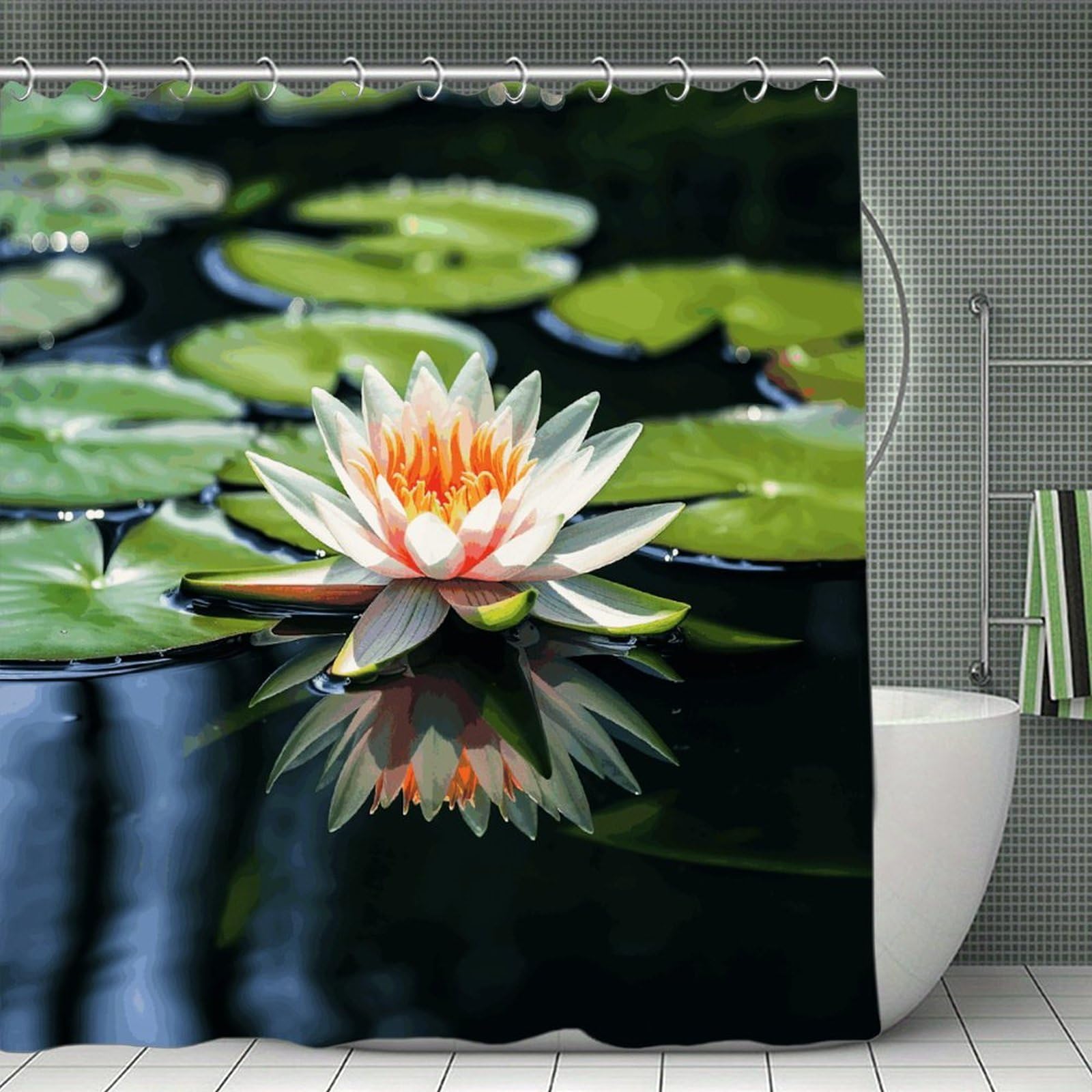JTREHY Water Lily Shower Curtain Waterproof Bathroom Shower Curtain Machine Washable Bath Curtains Polyester Cloth Bath Curtains for Bathroom Showers 70.8×70.8Inch