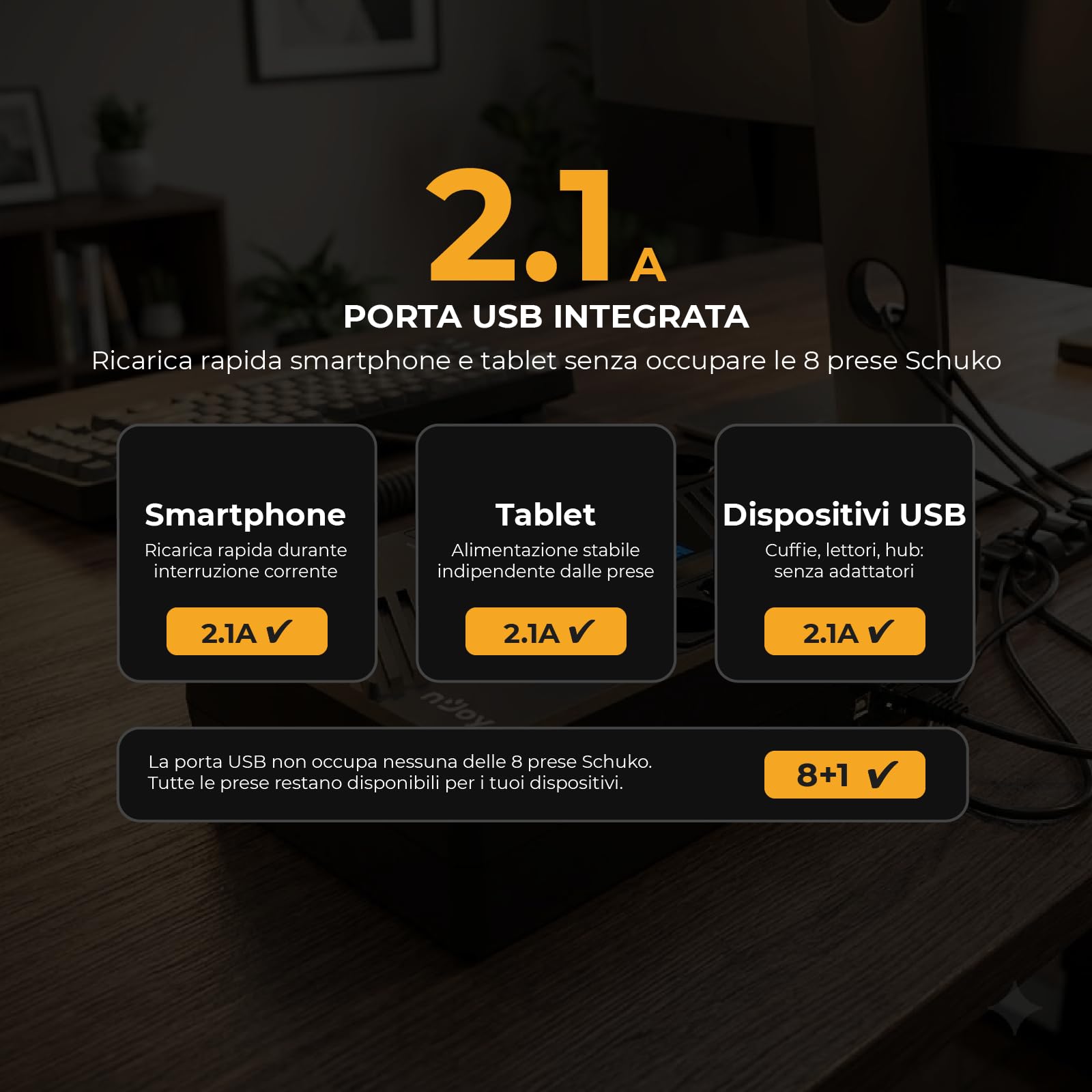 NJOY Token 800 UPS Gruppo di Continuità 800VA 480W | 8 Prese Schuko | Tecnologia Line Interactive AVR | Caricatore USB 2.1A | Display LCD | Software PC Incluso | Protezione Blackout per PC Router NAS