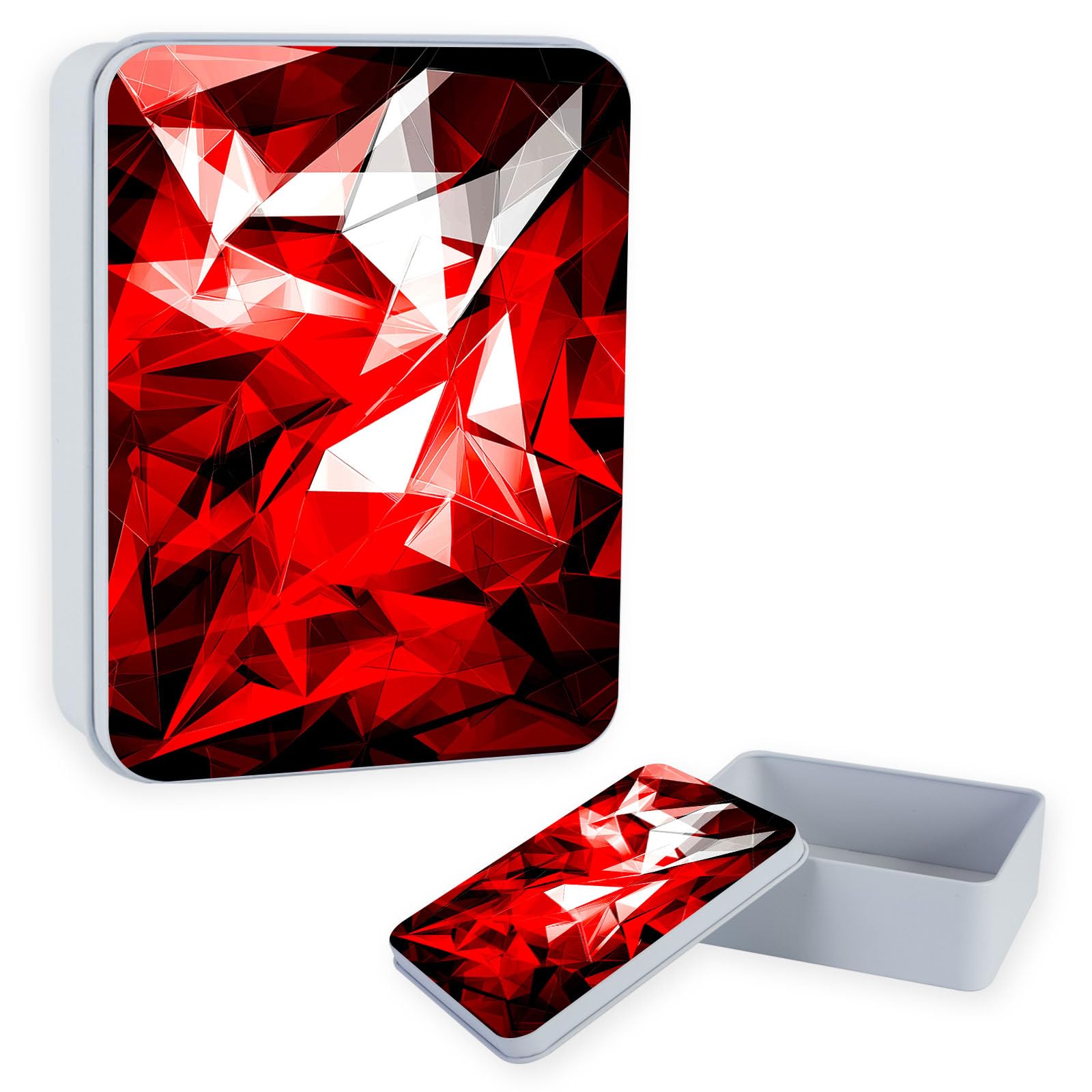 Large Metal Tin Box with Lid, Sturdy Decorative Metal Storage Container, Polygonal Shapes in Red Gradient Durable Printed Tin Case for Gifts, Crafts, Small Items, Home & Office Organization