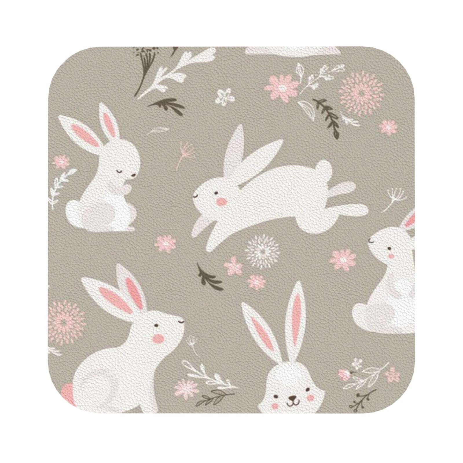 Easter Bunny Floral printed PVC Coaster Set of 6, Table Coaster Drink Coffee Coasters - Square 6 Pieces