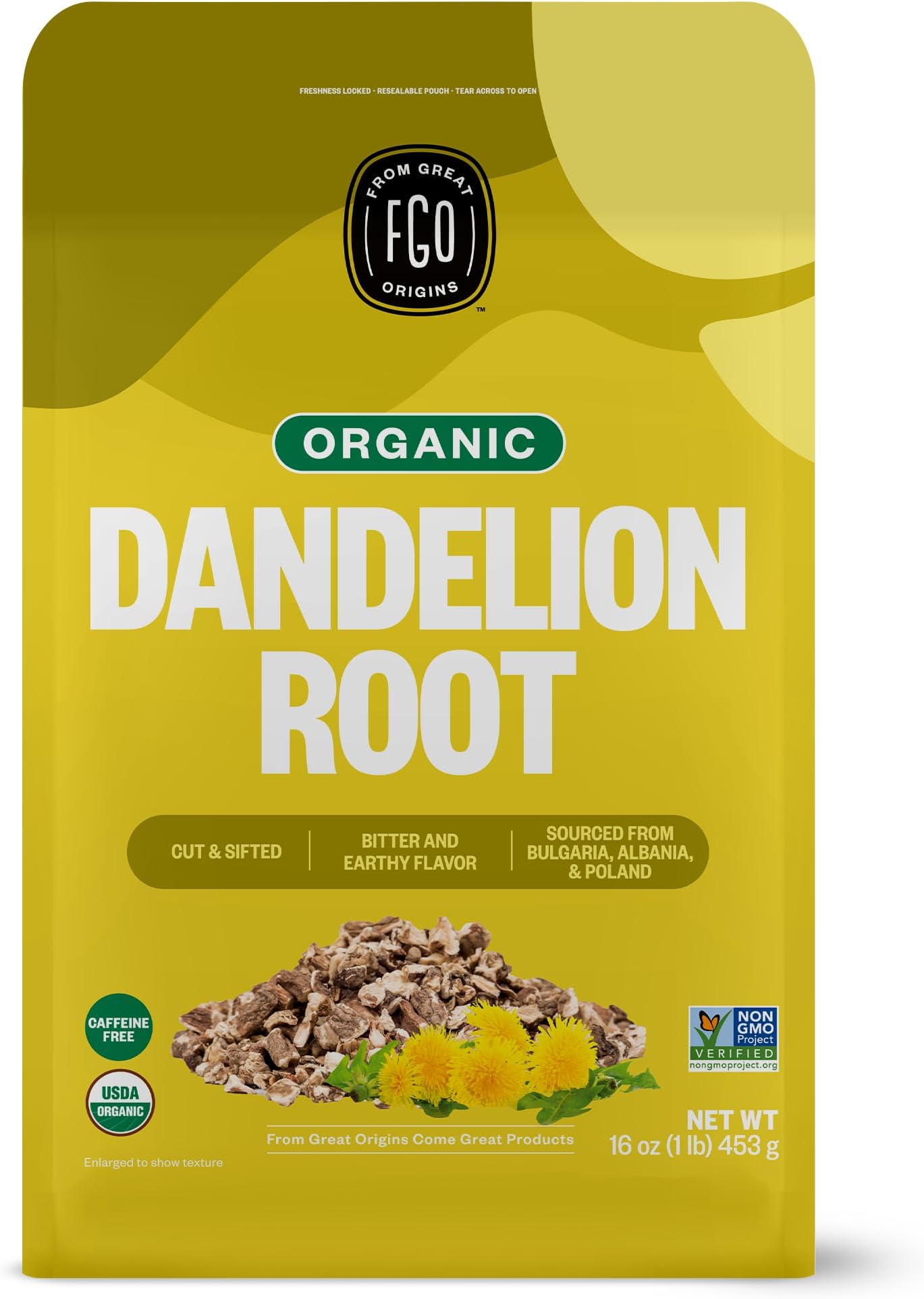 FGO Organic Dandelion Root Loose Tea, Cut and Sifted, Caffeine Free, 16oz Bulk Resealable Bag, Packaging May Vary (Pack of 1)