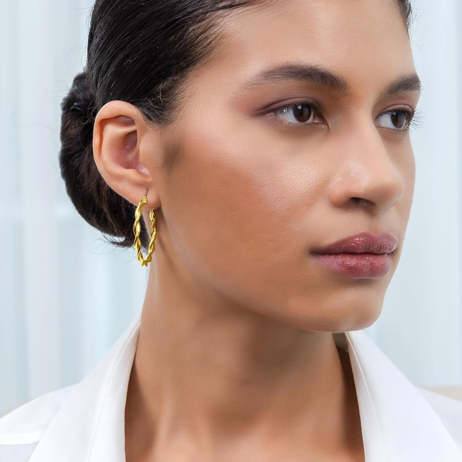 Hoops & Loops 925 Sterling Silver Twisted Hoop Earrings for Women, Yellow Gold 3mm Twist Hypoallergenic Hoop Earrings 35mm