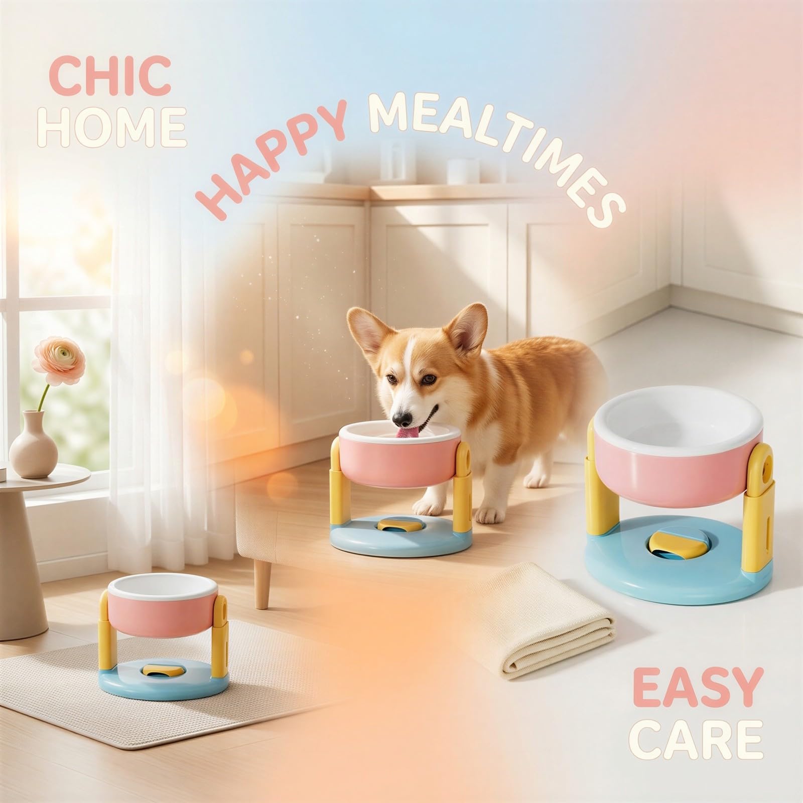 Comedero ergonómico para perros y gatos, altura ajustable, con bandeja de cerámica, soporte en forma de T, rosa y blanco, 19 x 16 x 14,5 cm