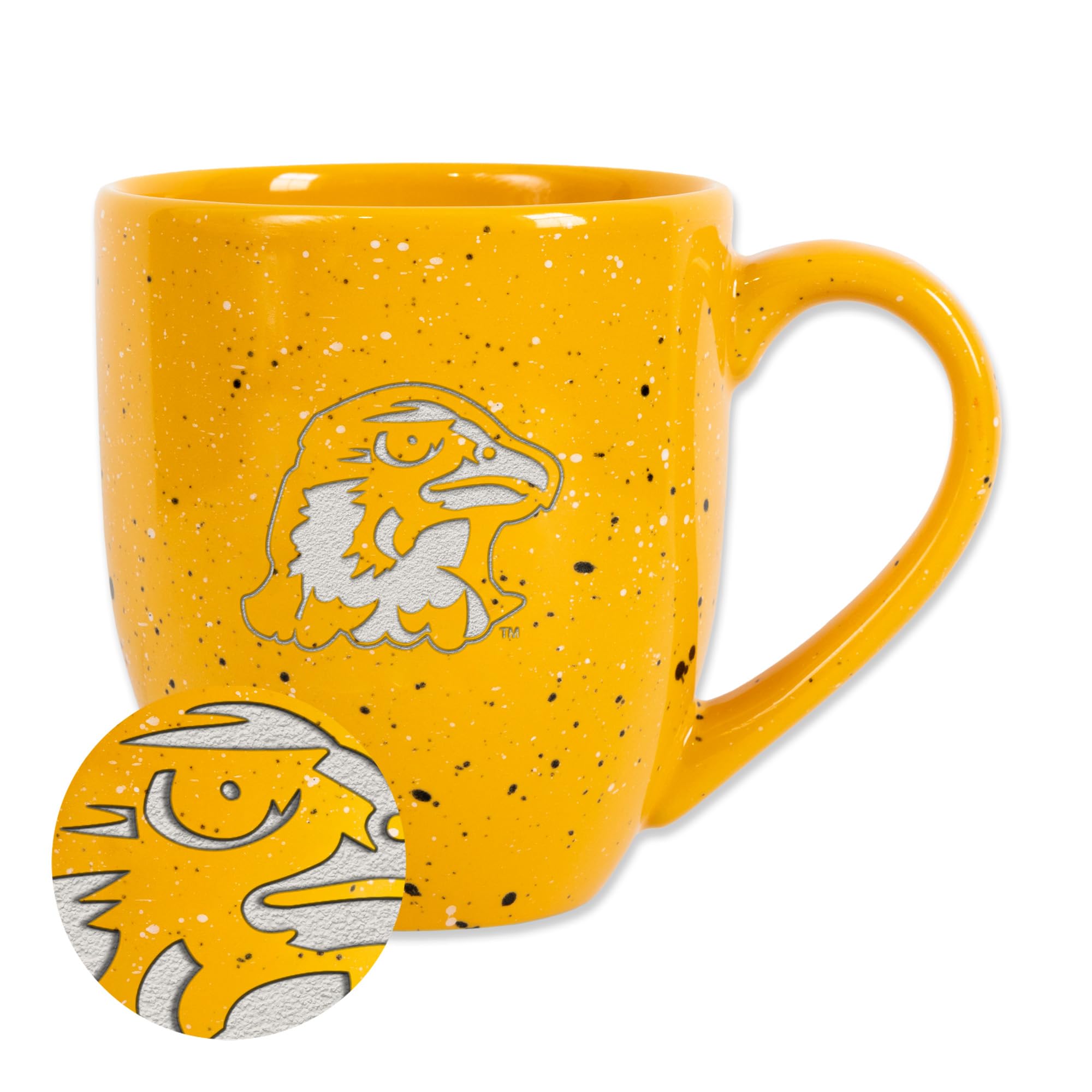 Rico Industries NCAA Quincy Hawks Primary Logo Yellow 16 oz Team Color Laser Engraved Speckled Ceramic Coffee Mug